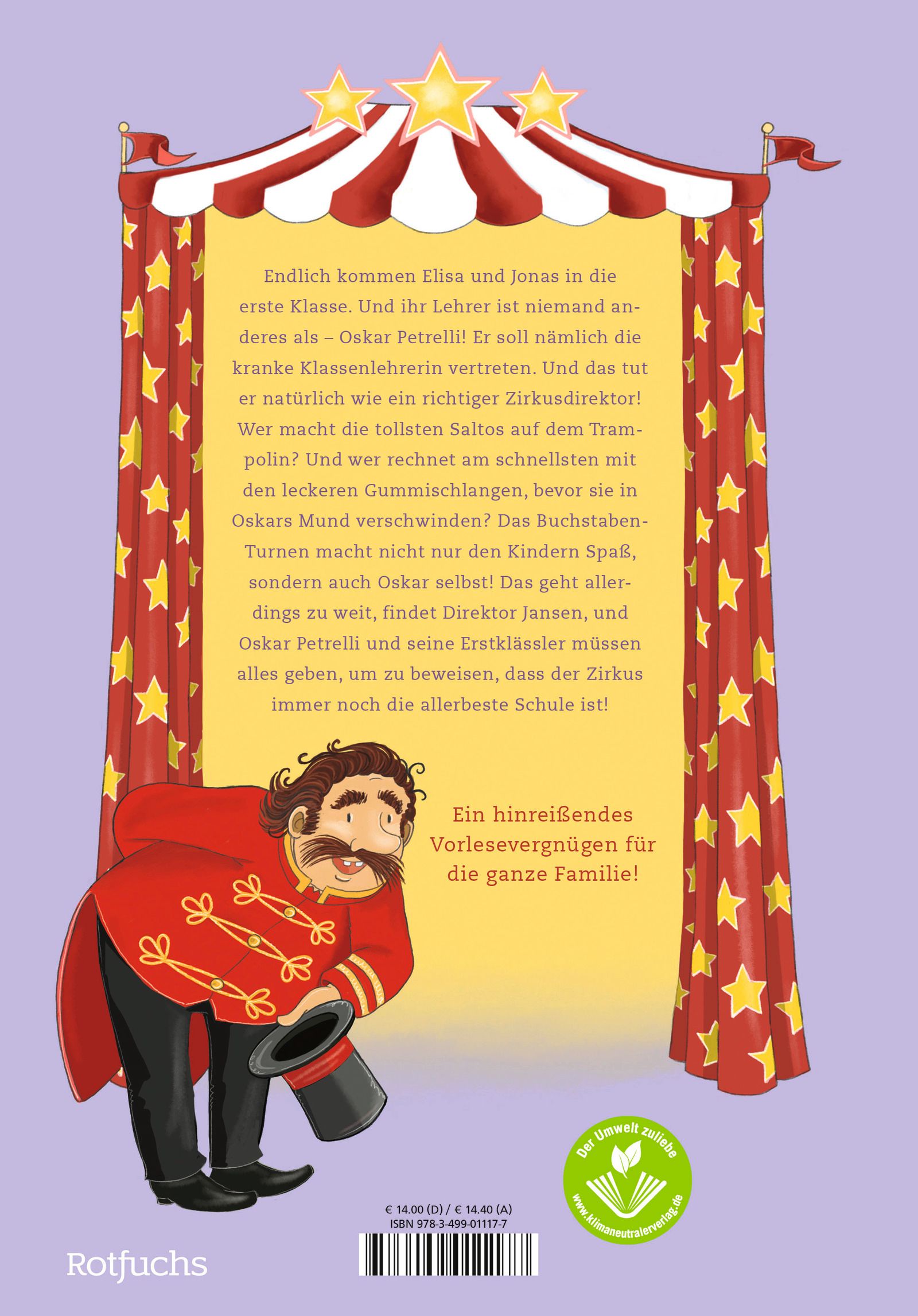 Buchrückseite: Immer Zirkus mit Familie Petrelli. Text, Illustration eines Zirkusdirektors, Verlag Rotfuchs.