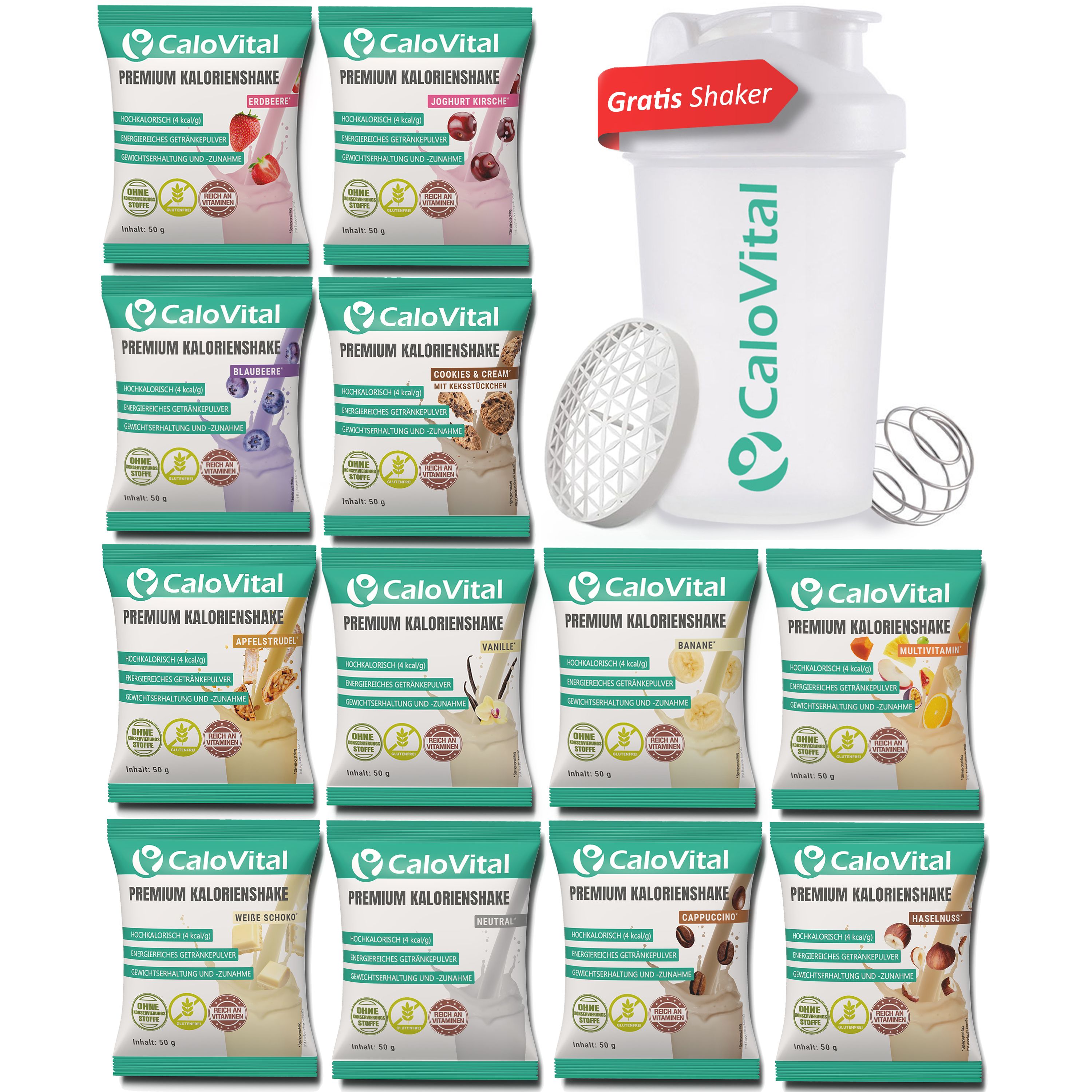 Zwölf Beutel CaloVital Premium Kalorienshake in verschiedenen Geschmacksrichtungen. Ein Shaker mit Deckel und Kugel.
