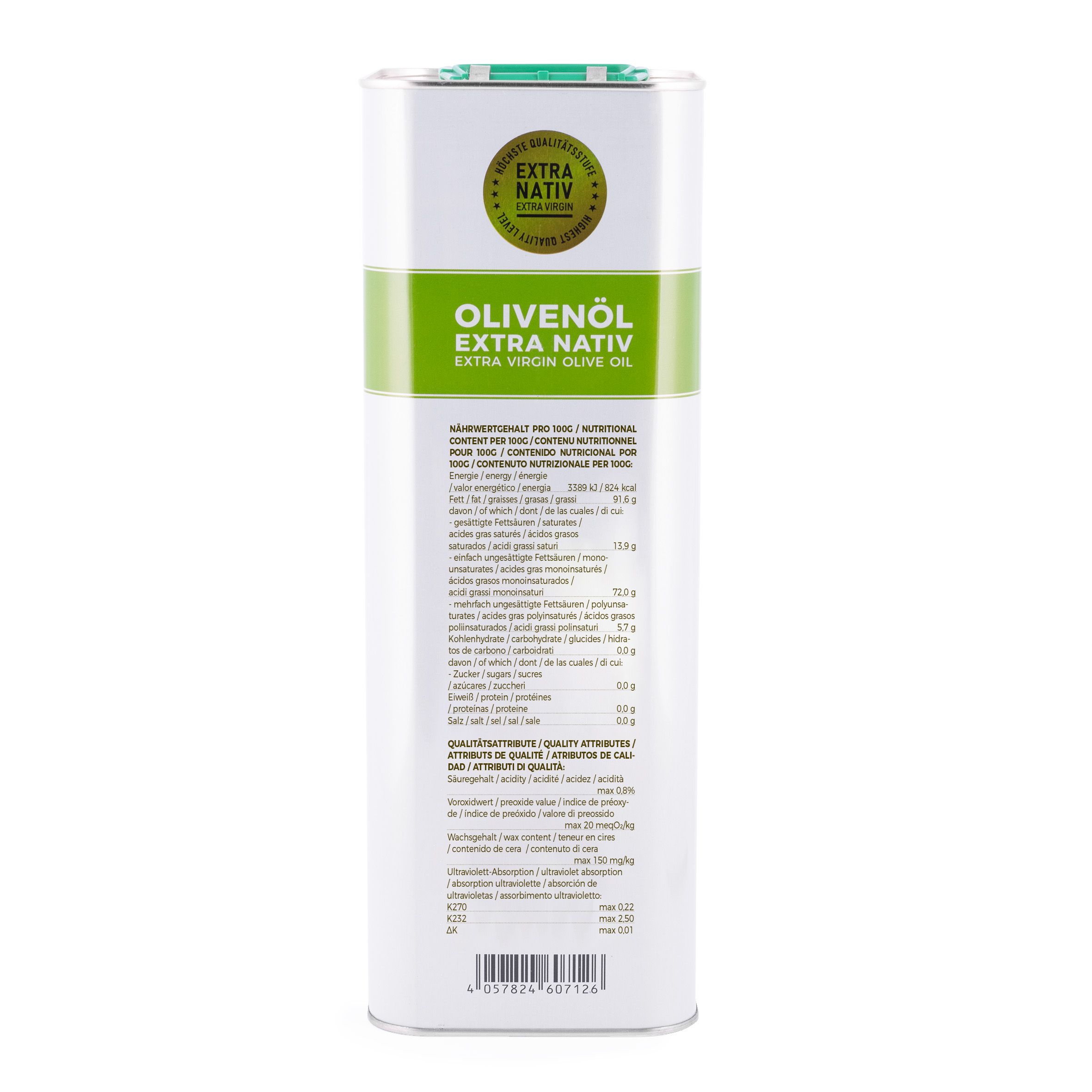 Rechteckige Dose mit Olivenöl-Etikett. Text: Olivenöl Extra Nativ. Grüne und weiße Farbgebung. Nährwertangaben.