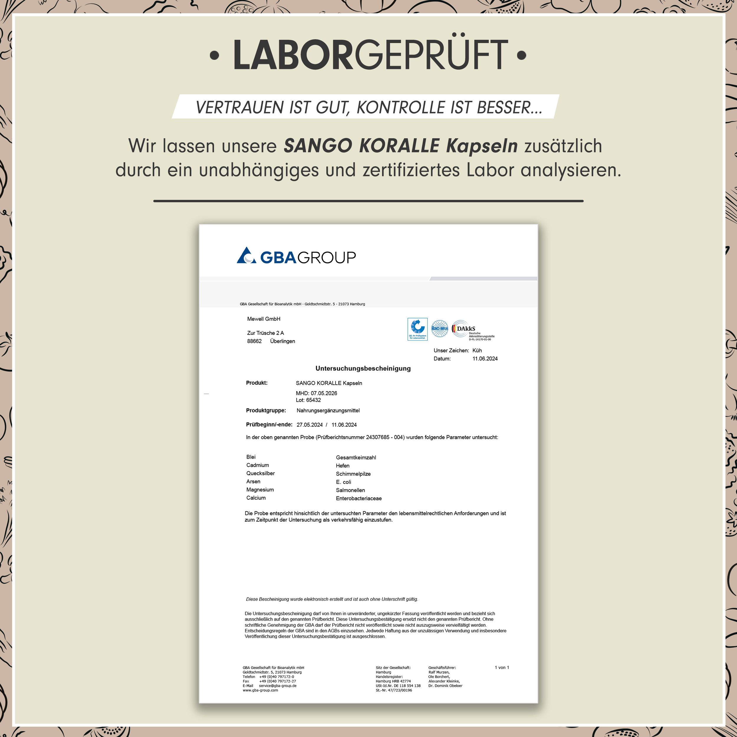 Laborbericht. Dokument mit Angaben zu Sango Koralle Kapseln. Unterschrift und Stempel.