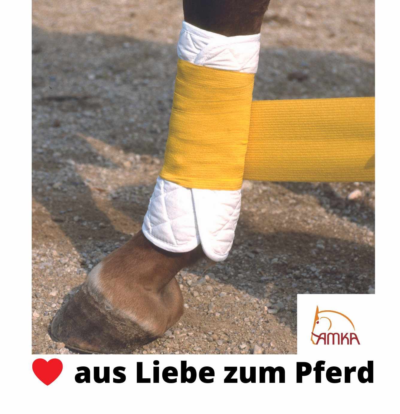 Pferdebein mit gelber Bandage und weißer Bandagenunterlage. Logo AMKA und Text 'aus Liebe zum Pferd'.