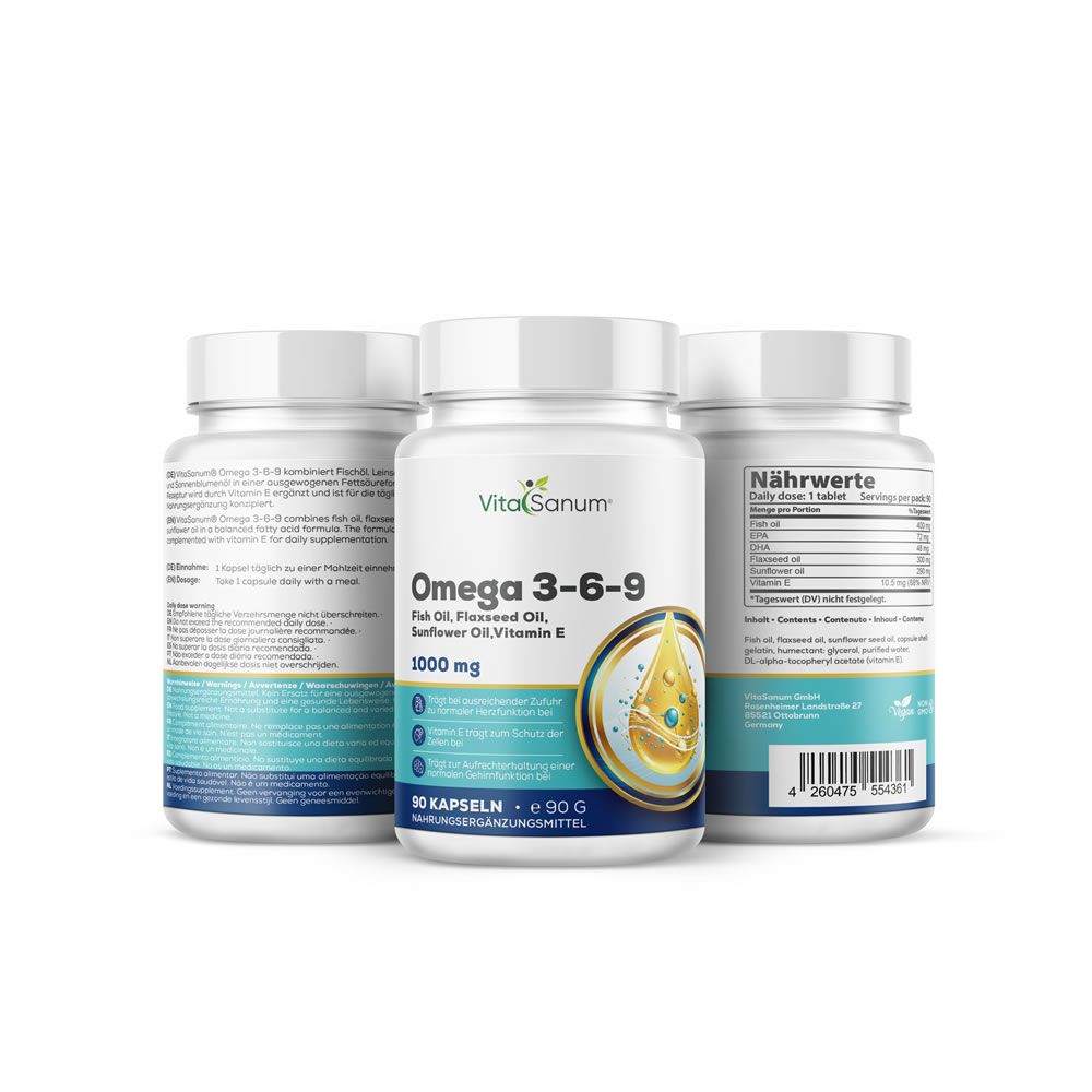 Drei Flaschen VitaSanum Omega 3-6-9. Beschriftung: 1000 mg, 90 Kapseln. Rückseite mit Nährwertangaben.