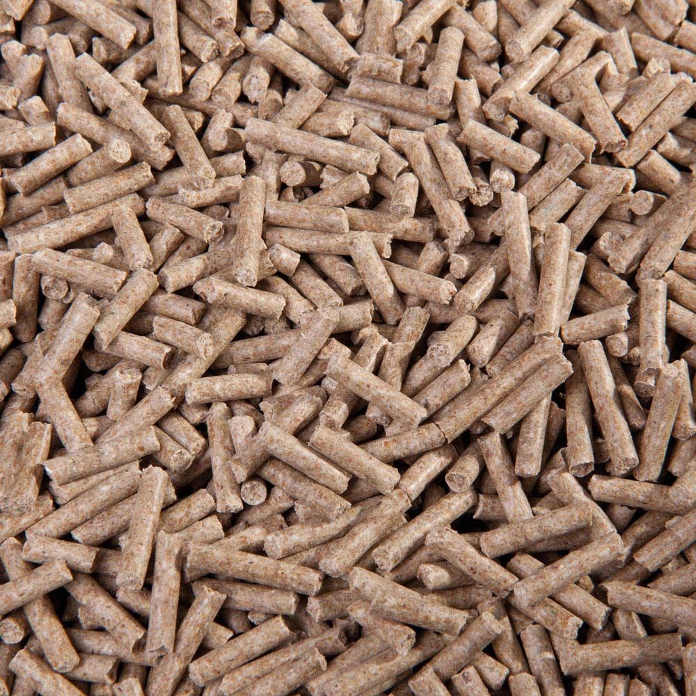 Braune, zylindrische Pellets, nah aufgenommen. Texturierte Oberfläche, gleichmäßige Form. Keine Verpackung sichtbar.