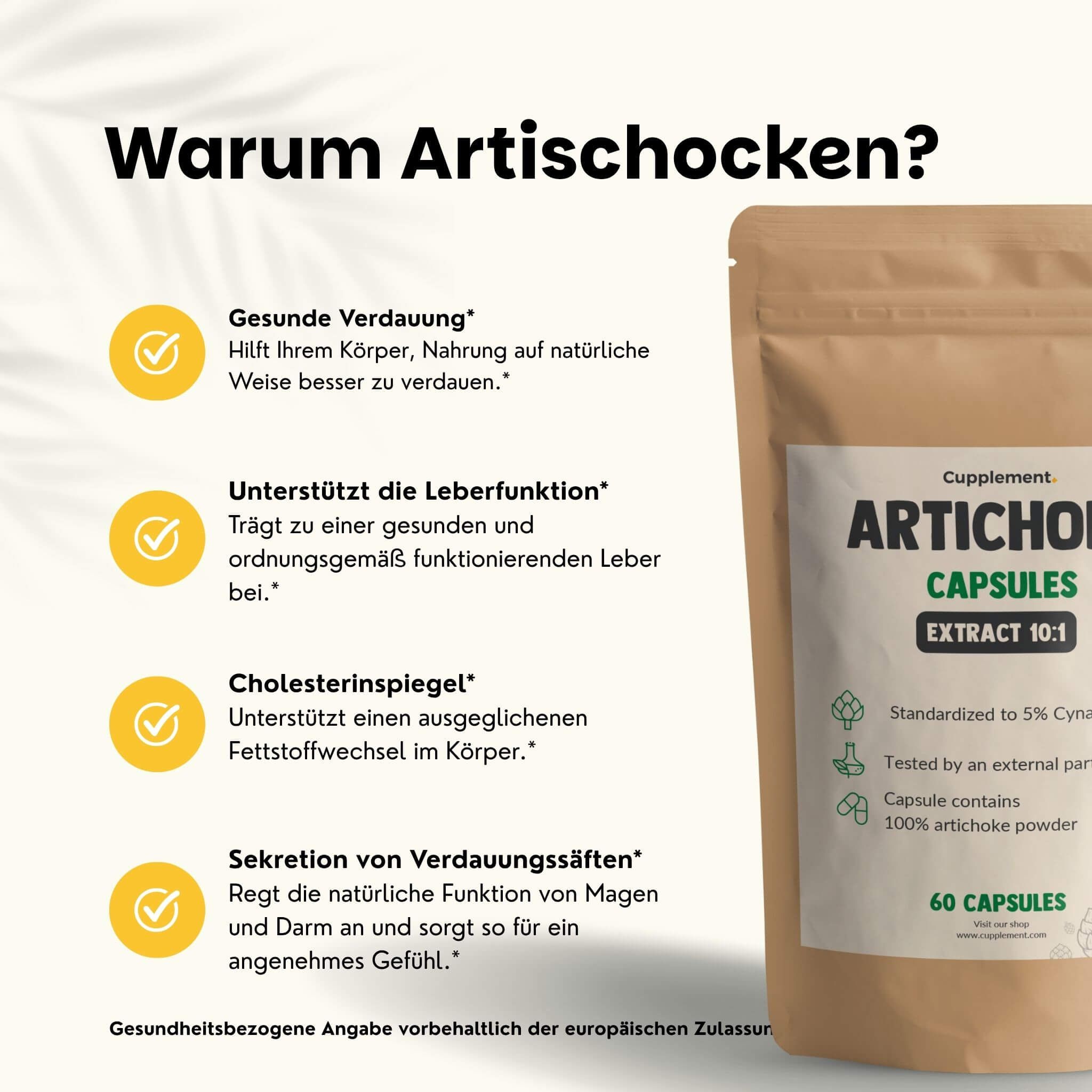 Braune Tüte mit „ARTICHOKE CAPSULES“. Text: „Warum Artischocken?“. 60 Kapseln.
