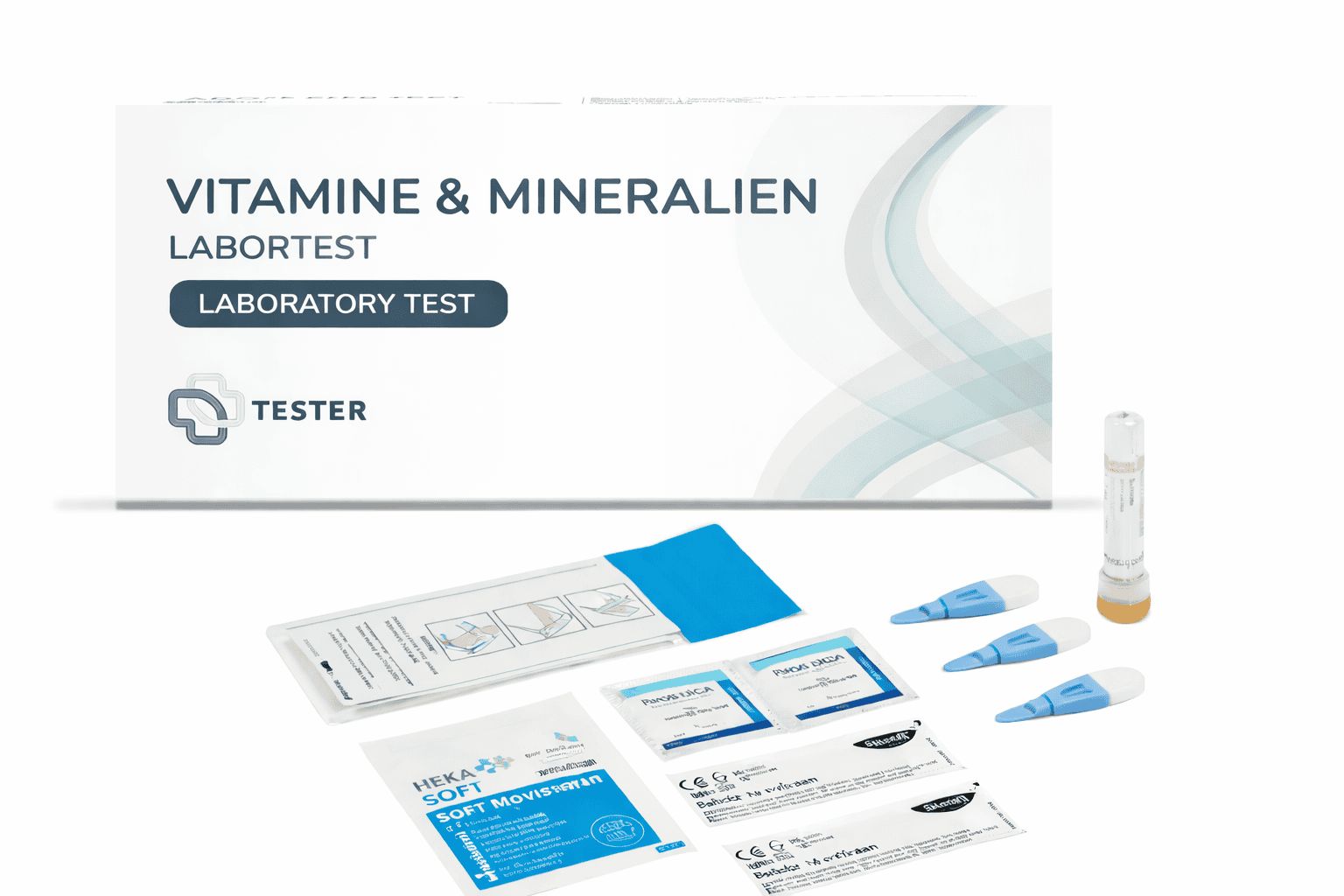 Vitamin- und Mineralien-Labortest-Kit mit Lanzetten, Tupfern und Röhrchen.