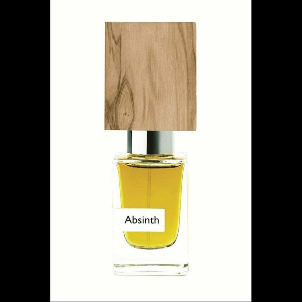 Absinth-Parfümflakon mit Holzdeckel. Auf dem Etikett steht Absinth.