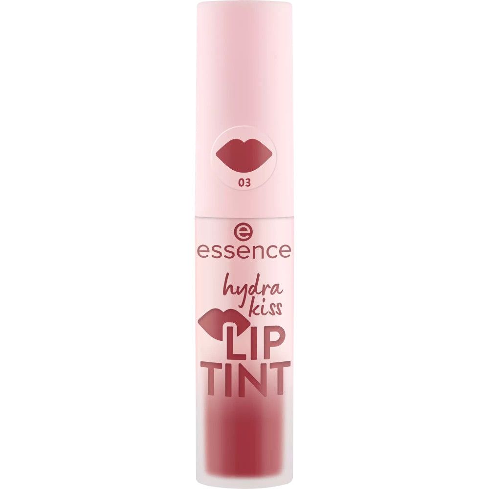 Essence Hydra Kiss Lip Tint. Rosa Tube mit Lippen-Illustration und Produktnamen. Farbnummer 03.