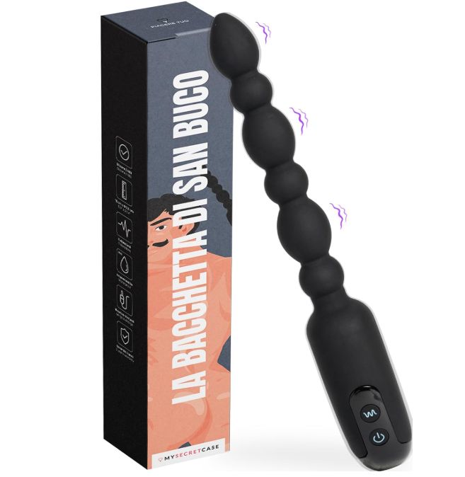Schwarzer, perlenförmiger Vibrator, 15 cm lang, 3,5 cm Durchmesser, USB-aufladbar.