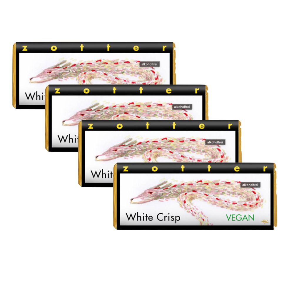 Vier Tafeln Zotter vegane Bio-Schokolade White Crisp. Schwarze Verpackung mit weißem Schriftzug und Abbildung.