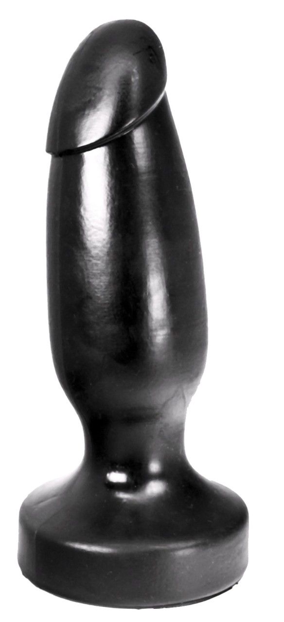 Schwarzes, stabförmiges Produkt mit abgerundeter Spitze und Basis. Glatte Oberfläche. Auf weißem Hintergrund.
