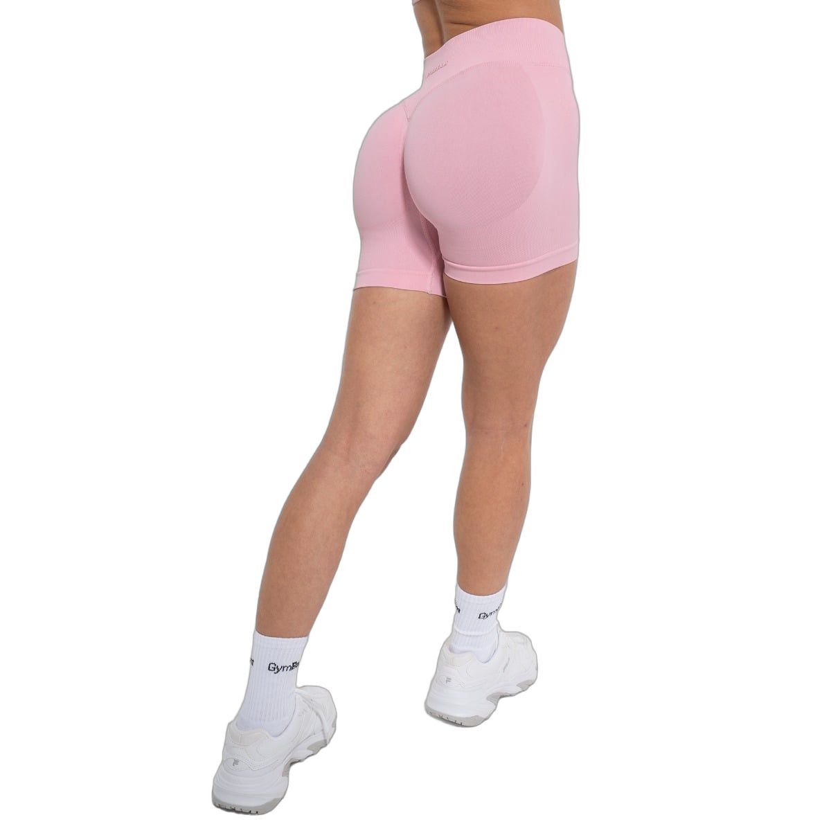Damen Shorts in Baby Pink, Rückansicht. Hoher Bund, figurbetonter Schnitt.