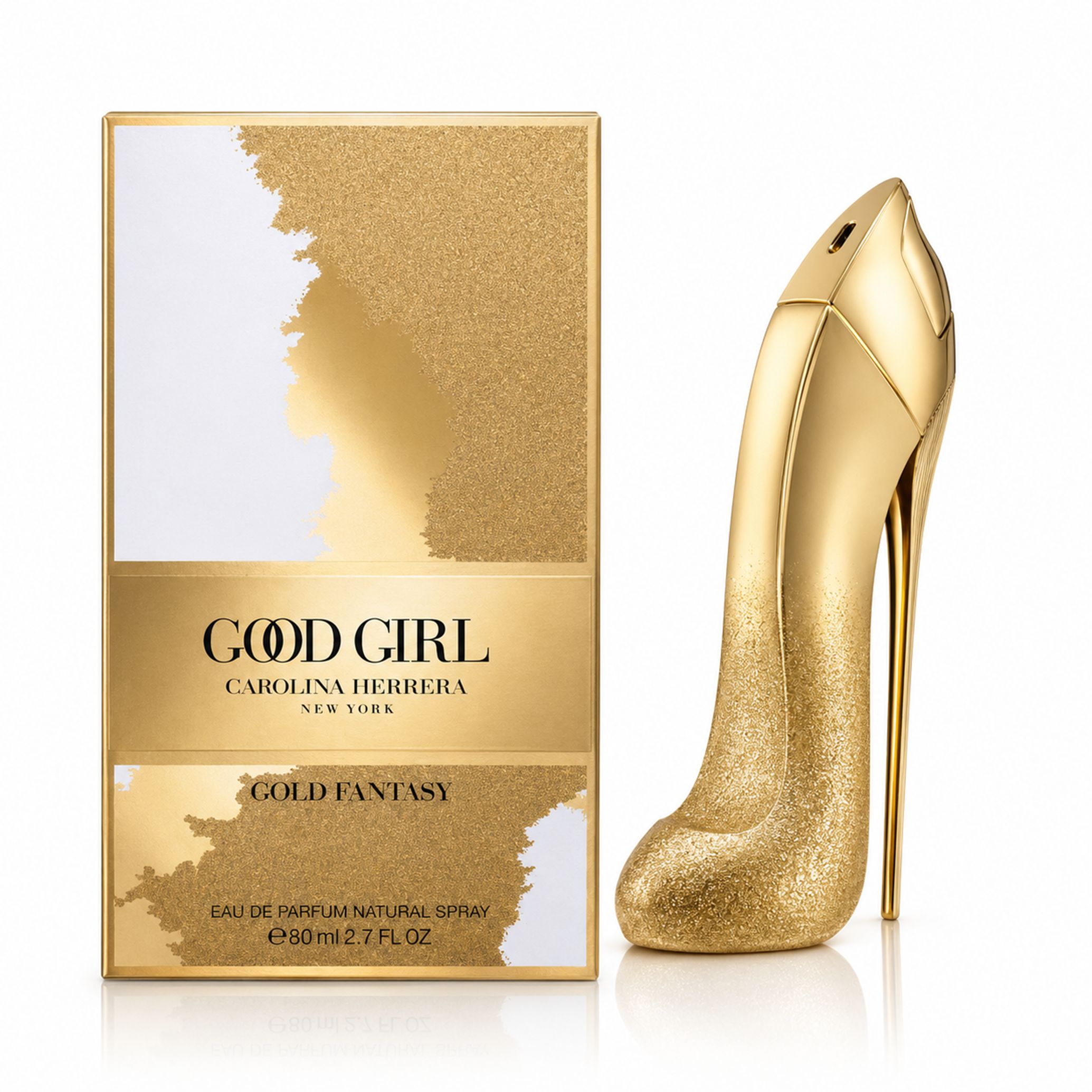 Goldfarbene High-Heel-Parfümflasche mit passender Schachtel. Flasche mit Glitzer-Effekt.