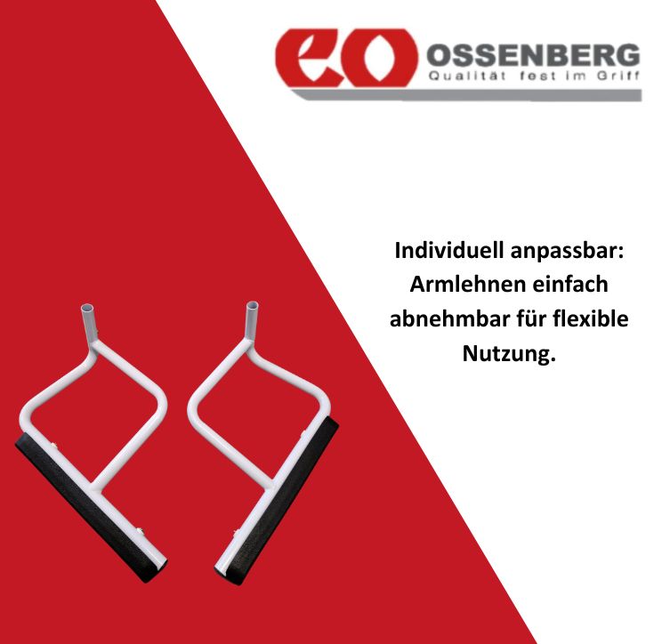 Zwei abnehmbare Armlehnen für Toilettensitzerhöhung. Weißes Metallgestell mit schwarzer Auflage. Ossenberg Logo.