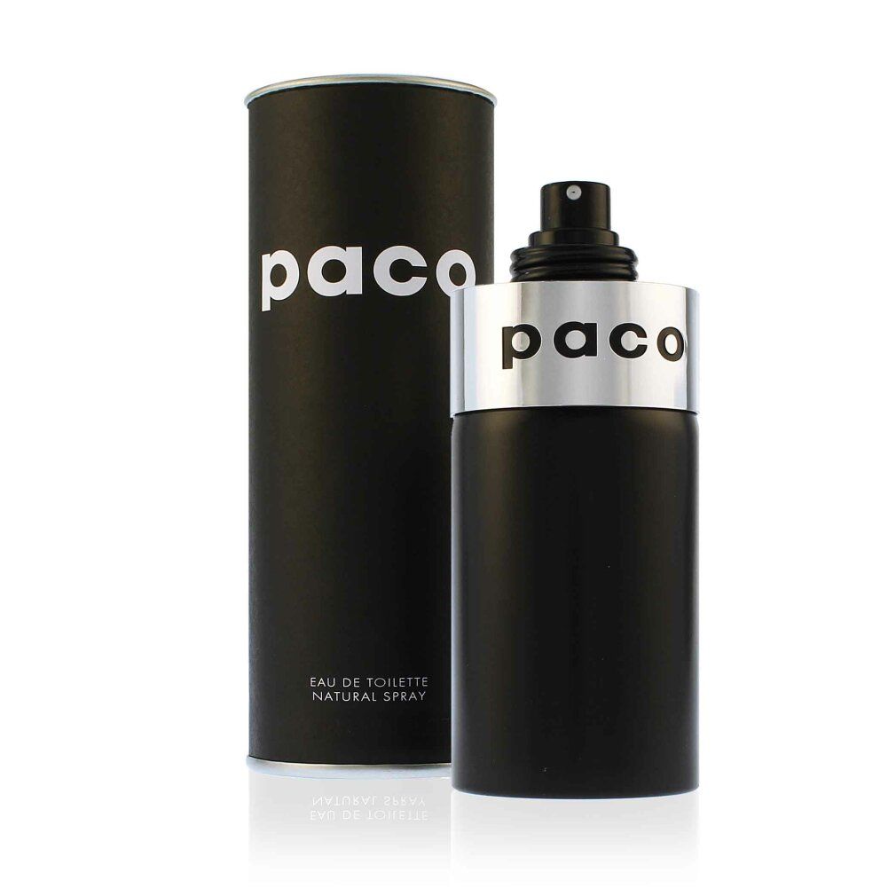 Schwarze Flasche mit silbernem Deckel und Sprühkopf, neben schwarzer zylindrischer Verpackung mit "paco"-Schriftzug.