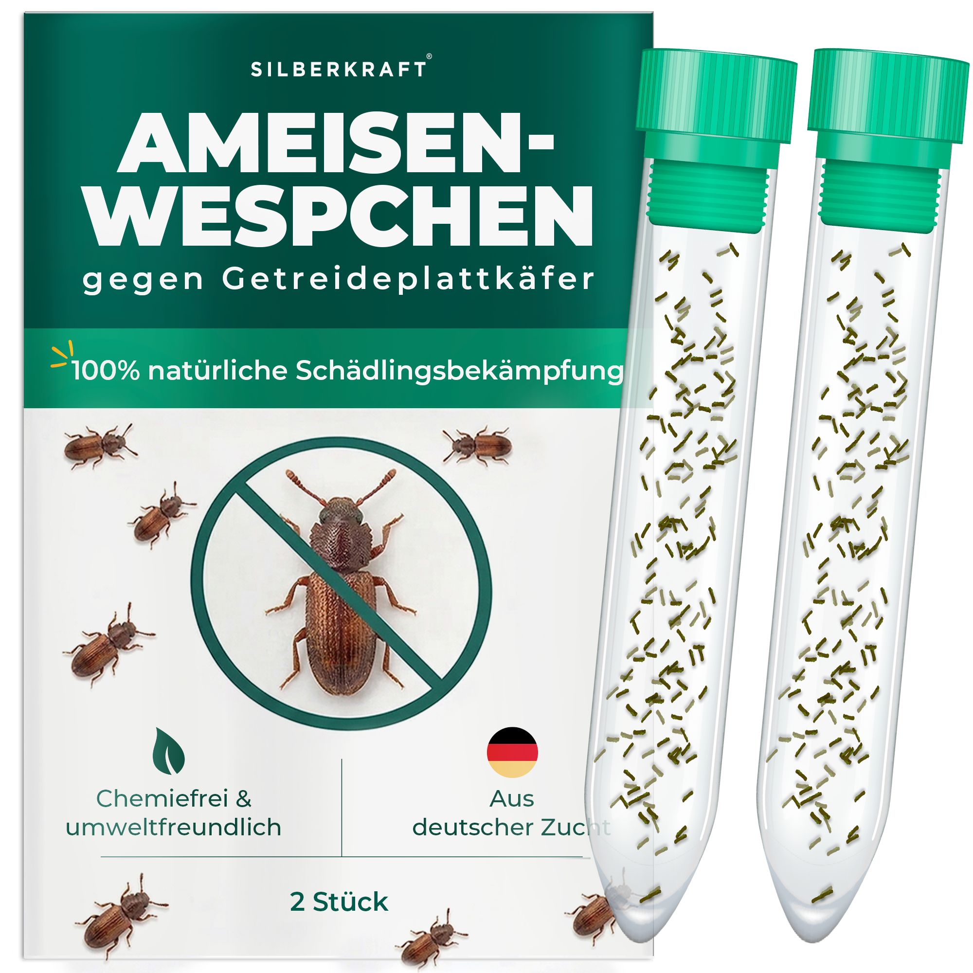 Verpackung mit zwei Röhrchen, gefüllt mit kleinen grünen Partikeln und Insekten.