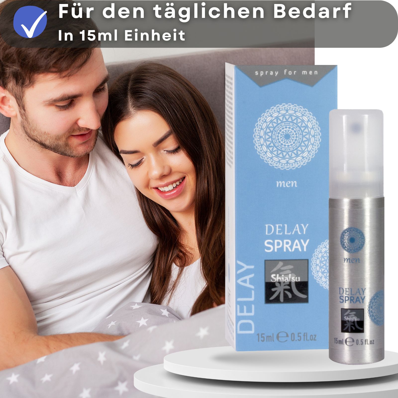 Produkt und Text auf blauem Hintergrund. Text: Für den täglichen Bedarf. Sprühflasche und Verpackung.