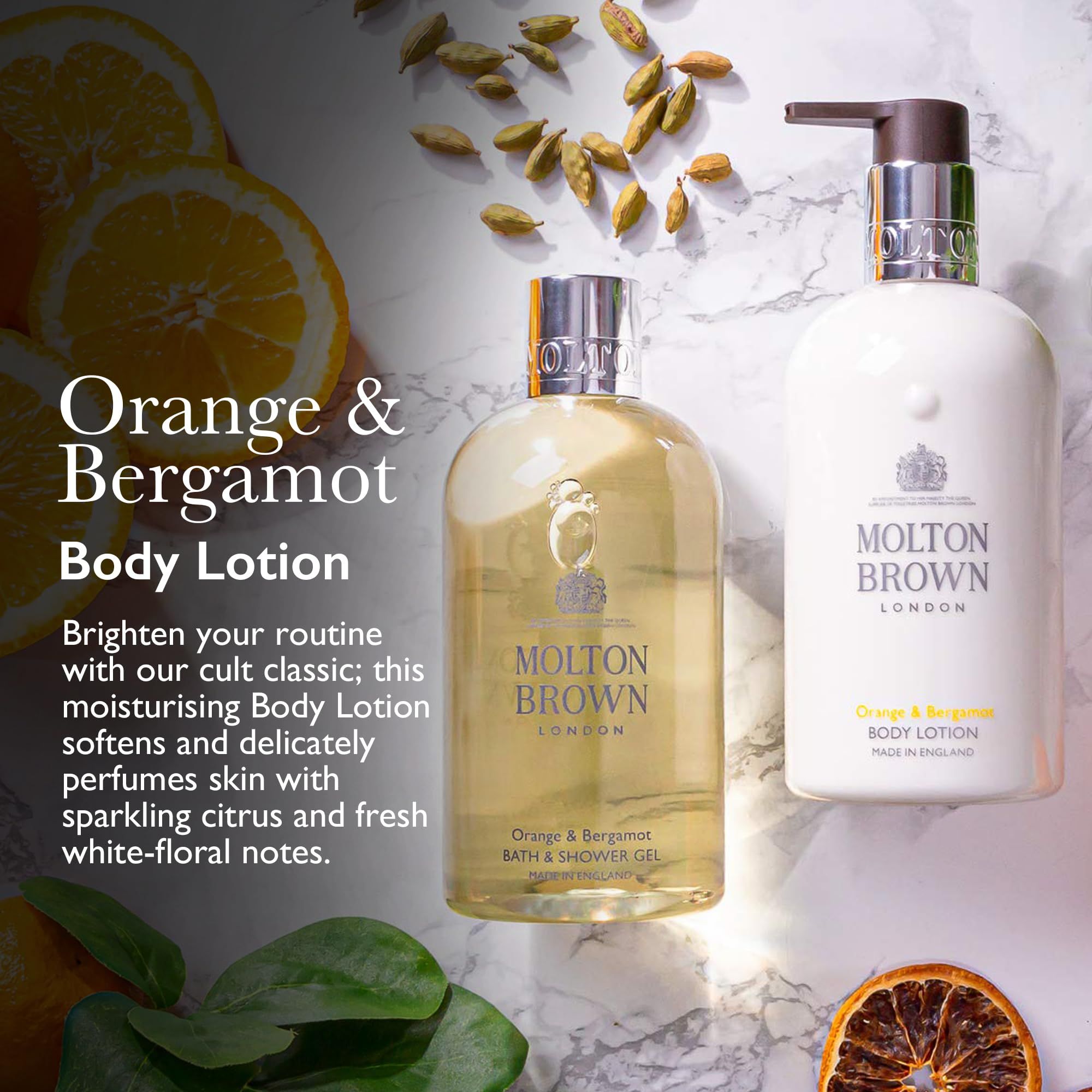 Molton Brown Orange & Bergamot Body Lotion und Duschgel mit Orangen- und Blütenmotiven.