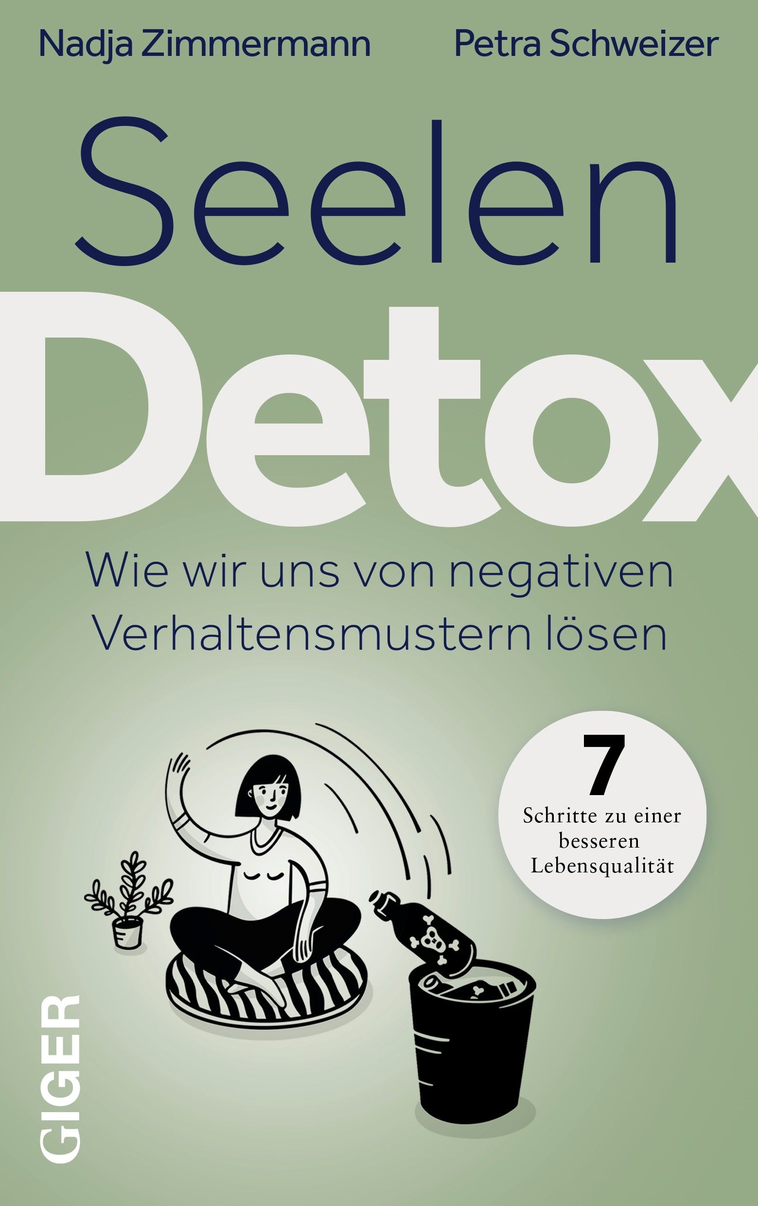 Buchcover mit Titel "Seelen Detox". Illustration: Frau sitzt, wirft Gift in Mülltonne. Autoren: Nadja Zimmermann, Petra Schweizer.