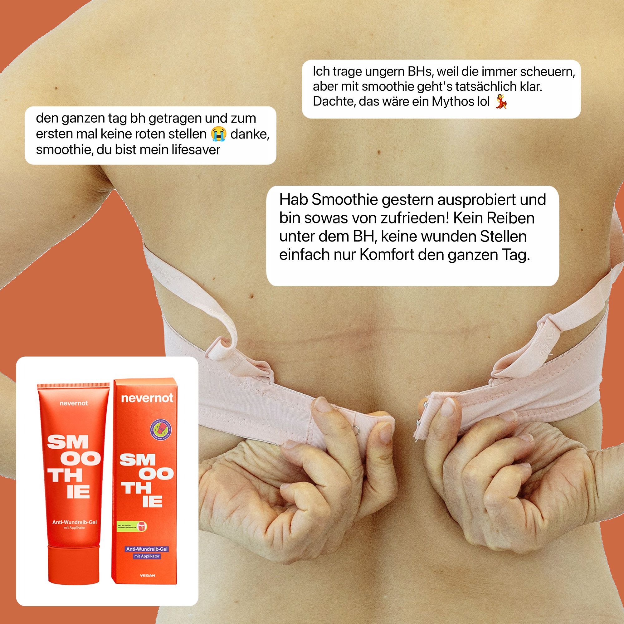 Rückenansicht einer Frau, die einen BH öffnet. Eine orange Tube und Verpackung sind links abgebildet.