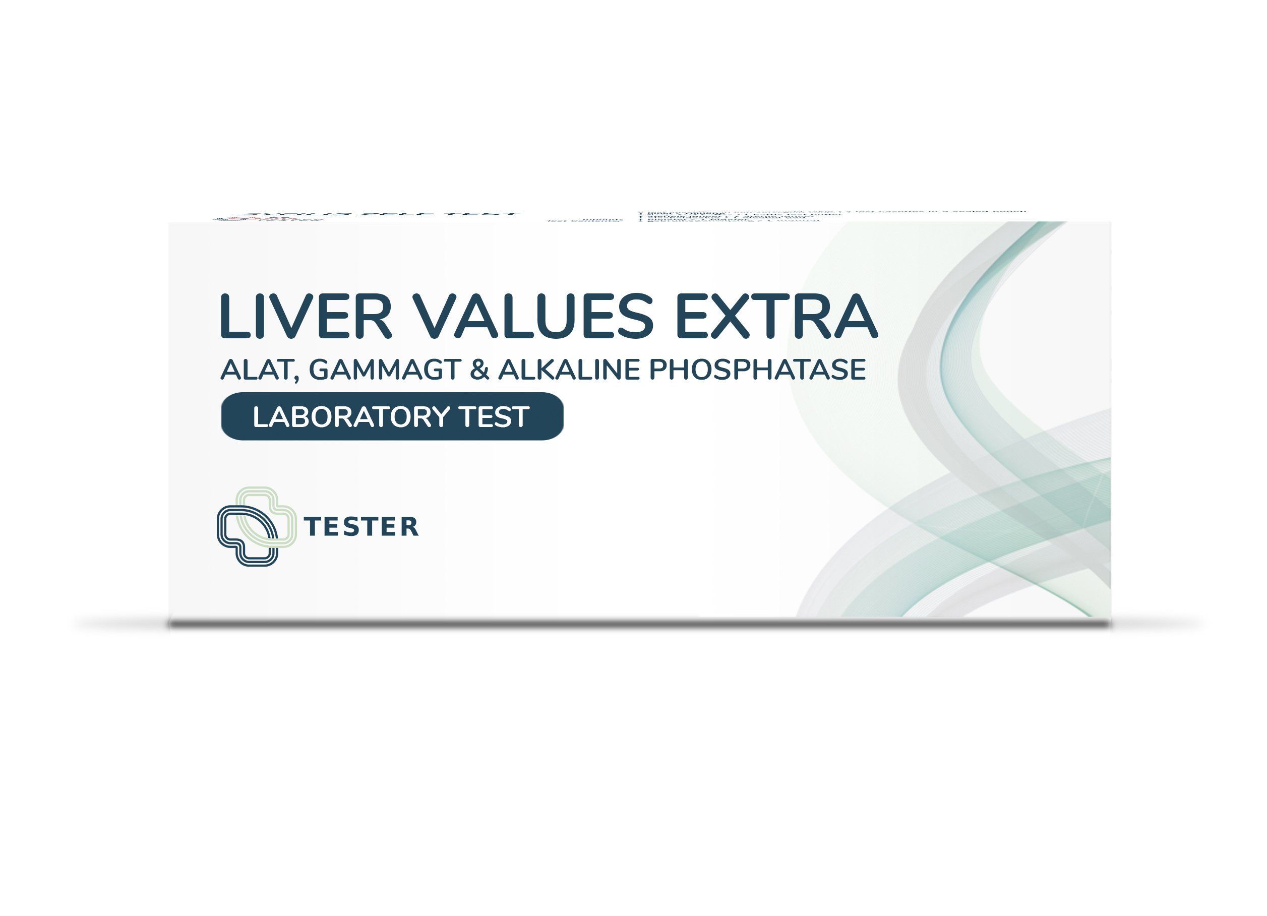 Weißer Karton mit Aufschrift "LIVER VALUES EXTRA". Enthält Informationen zu ALAT, Gammagt & alkalische Phosphatase. "LABORATORY TEST".