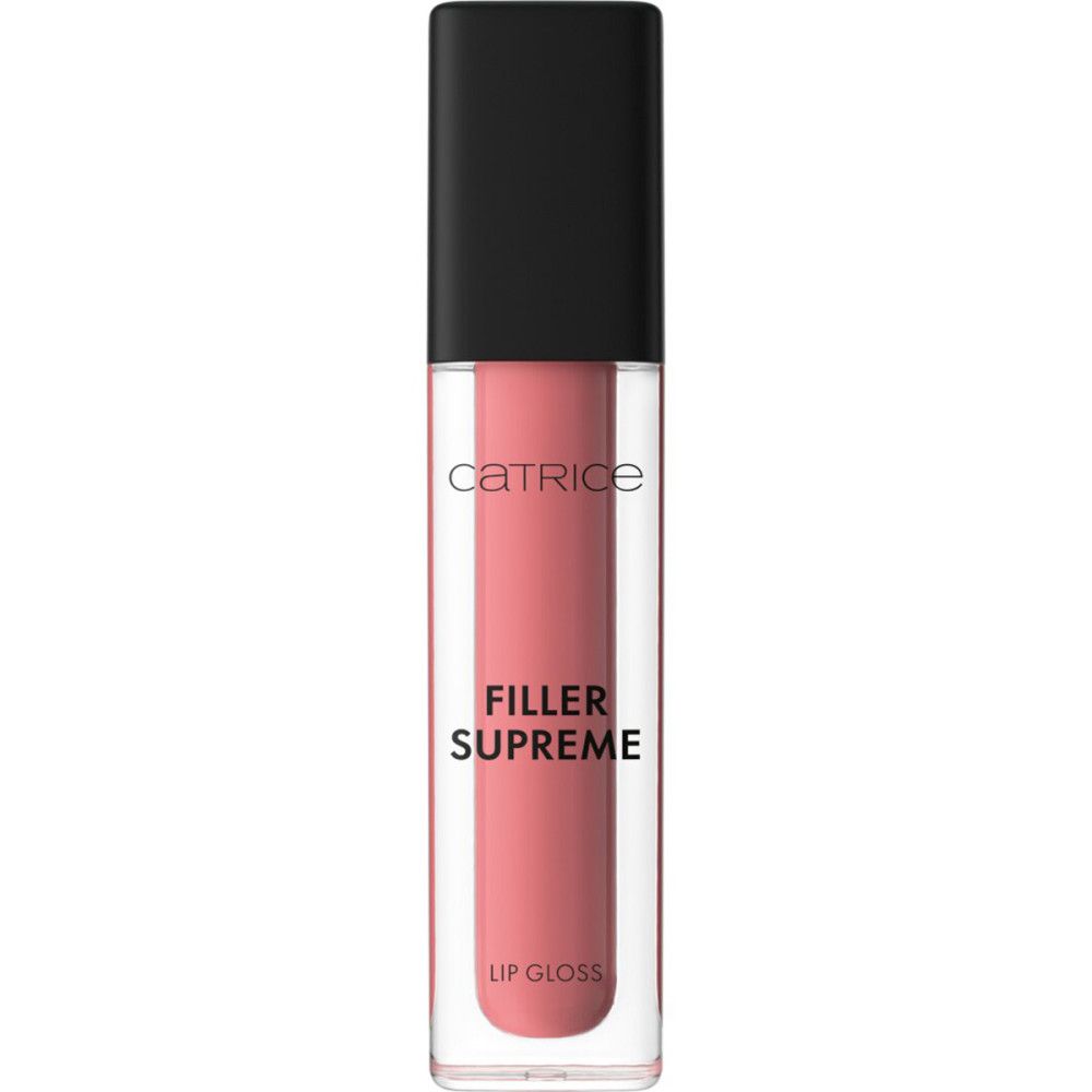 Catrice Filler Supreme Lipgloss. Transparente Tube mit rosa Inhalt. Schwarzer Deckel. Schriftzug: Catrice, Filler Supreme, Lip Gloss.