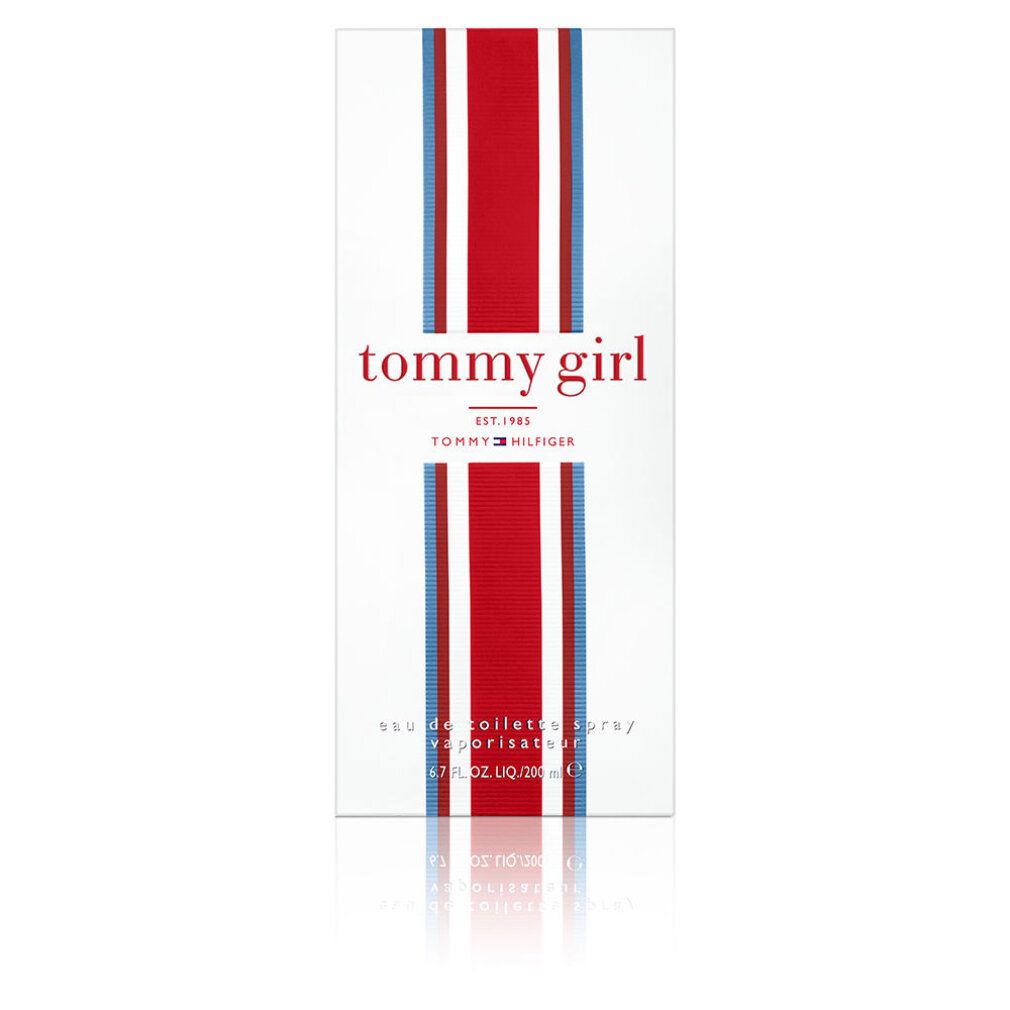 Verpackung von Tommy Girl. Weiß mit roten, blauen Streifen. Schriftzug 'tommy girl' in Rot. 'Eau de toilette spray' und Logo.