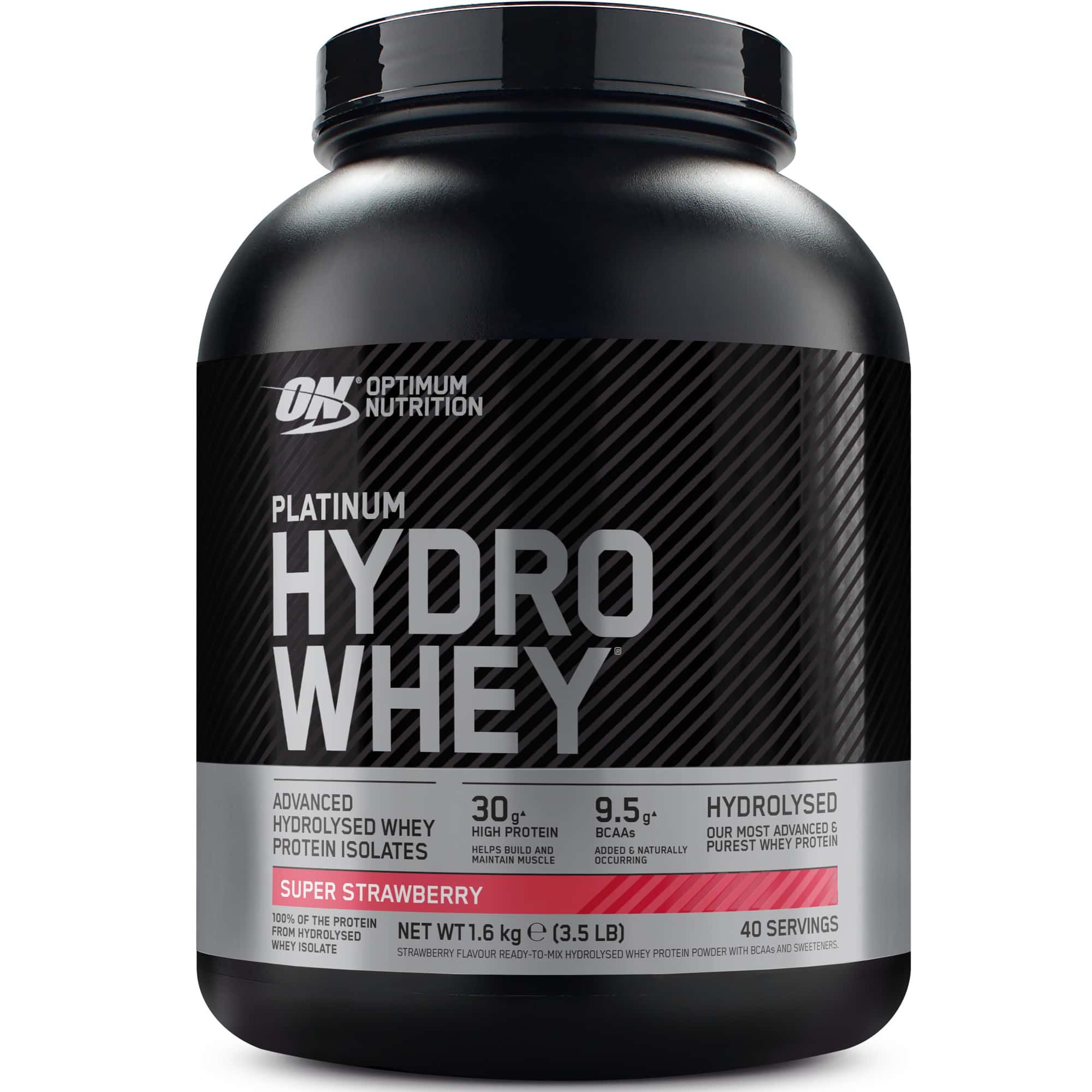 Schwarze Dose mit Produktnamen Platinum HydroWhey. Aufschrift: Super Strawberry, 30g Protein, 9.5g BCAAs, 1.6 kg (3.5 LB), 40 Portionen.
