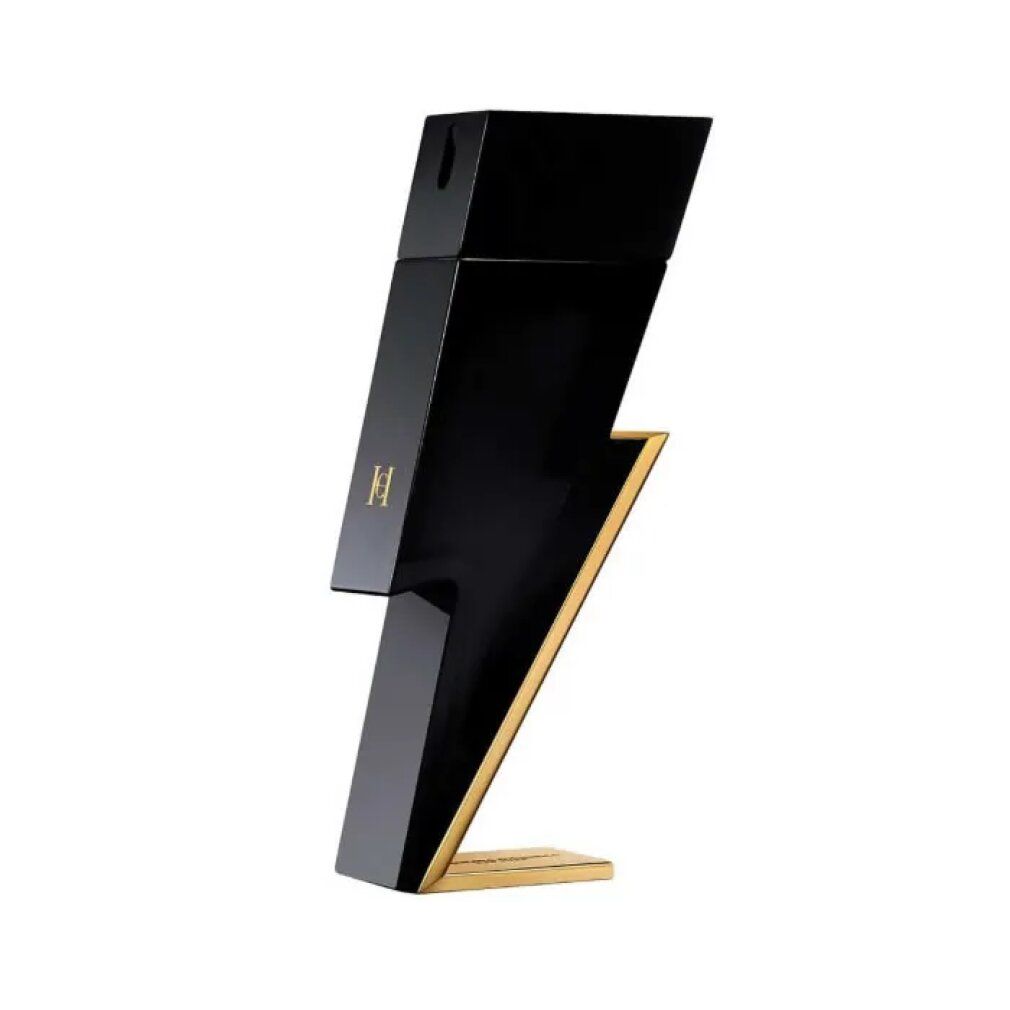 Schwarzer Flakon in Blitzform mit goldenen Akzenten. Das Logo 'H' ist sichtbar. Steht auf einer goldenen Basis.