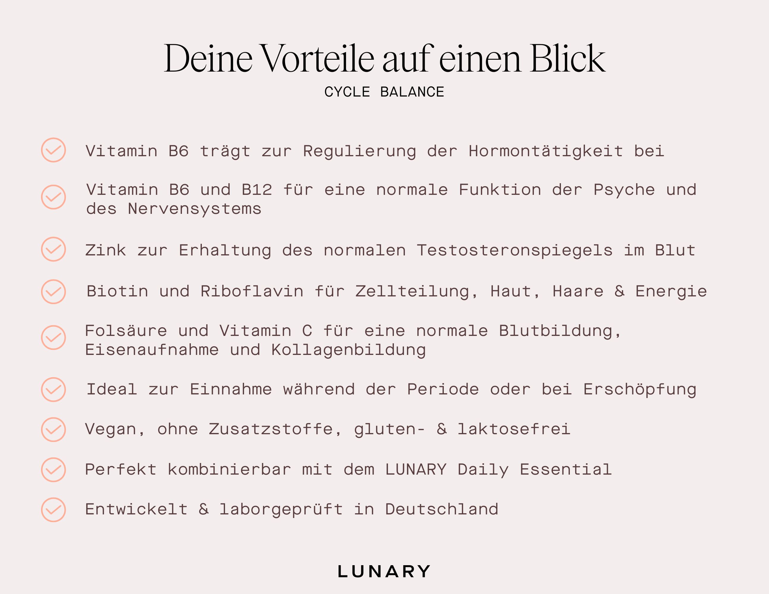 Text: Deine Vorteile auf einen Blick. Vitamin B6, Zink, Biotin, Folsäure, Vitamin C. Vegan, glutenfrei, laktosefrei. Entwickelt in Deutschland.
