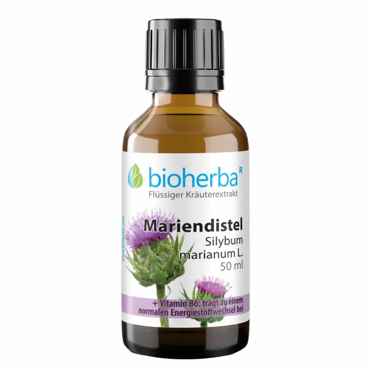 Braune Glasflasche mit schwarzem Deckel. Etikett mit Produktnamen Mariendistel, Illustration und Text.