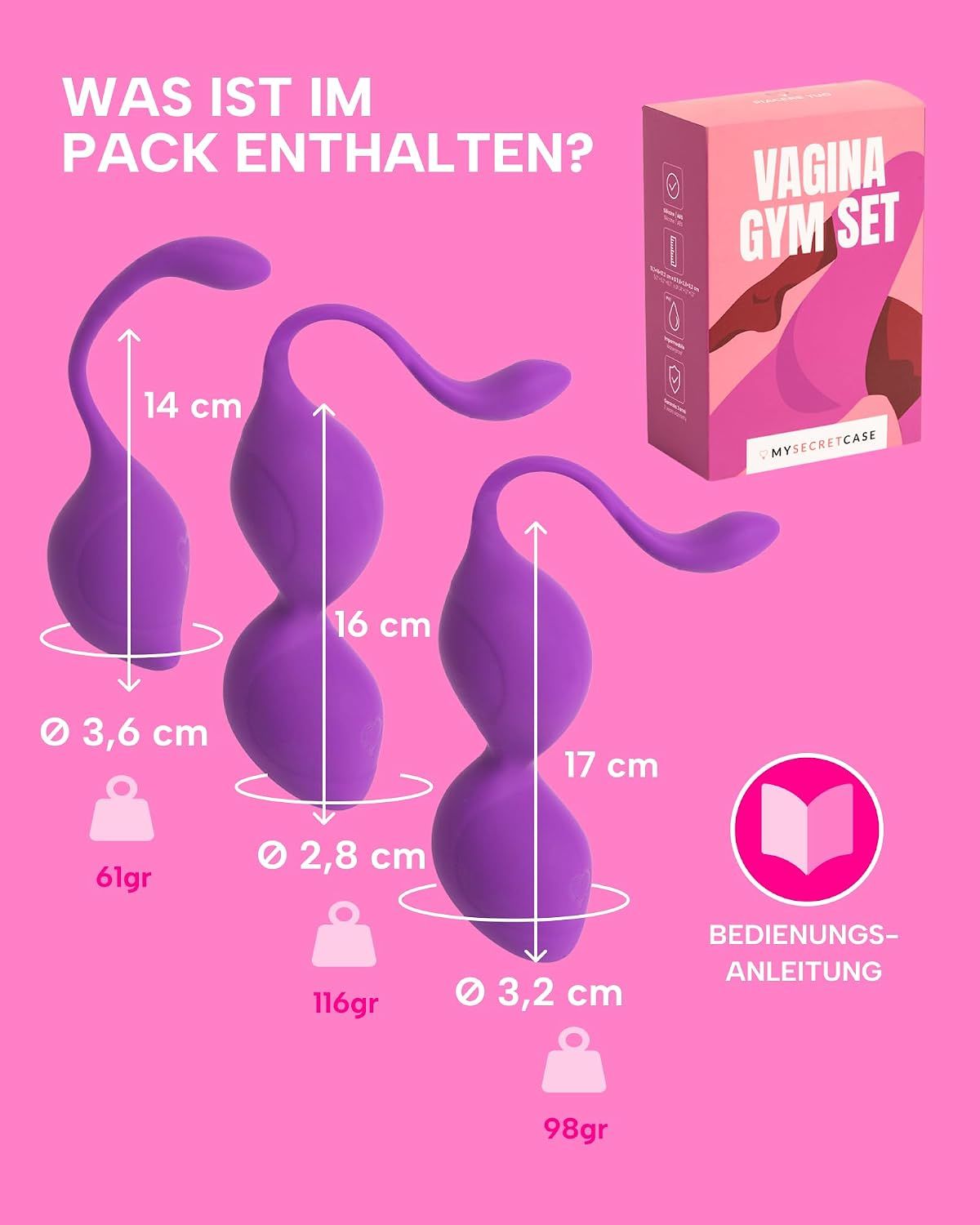 Drei violette Beckenbodentrainingskugeln in verschiedenen Größen mit Maßen und Gewichten. Beinhaltet eine Anleitung und eine Verpackung.