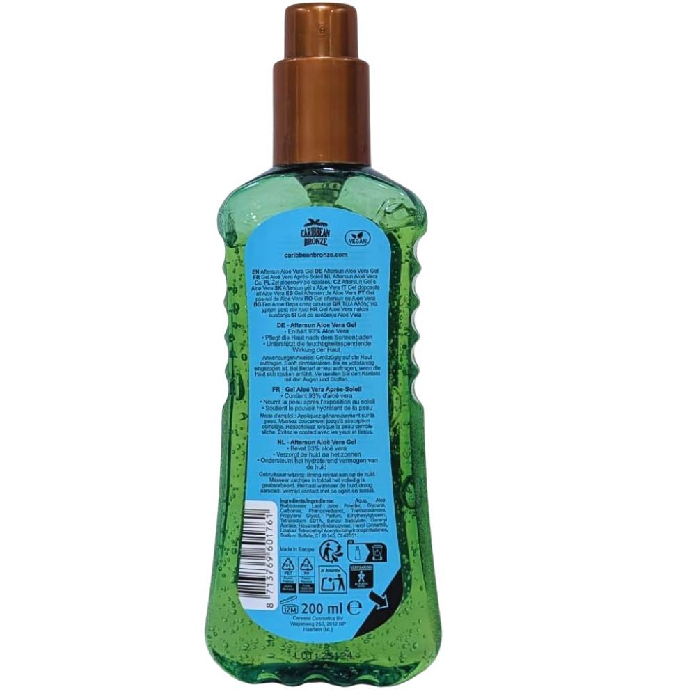 Rückseite der grünen Flasche. Text in mehreren Sprachen. 200 ml. Recycling- und Vegan-Siegel.