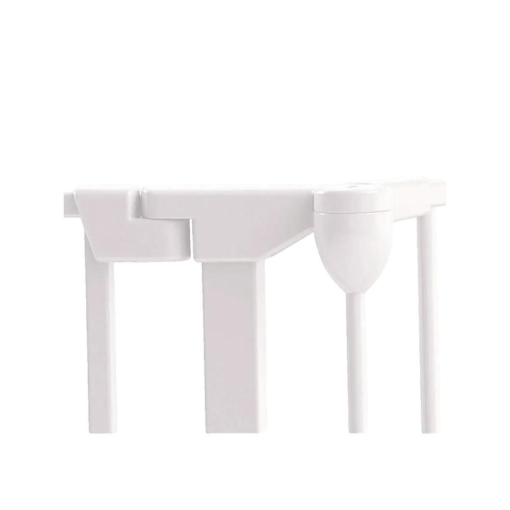 Weißes, rechteckiges Element mit drei vertikalen Stäben. Zentrales, rundes Gelenk.