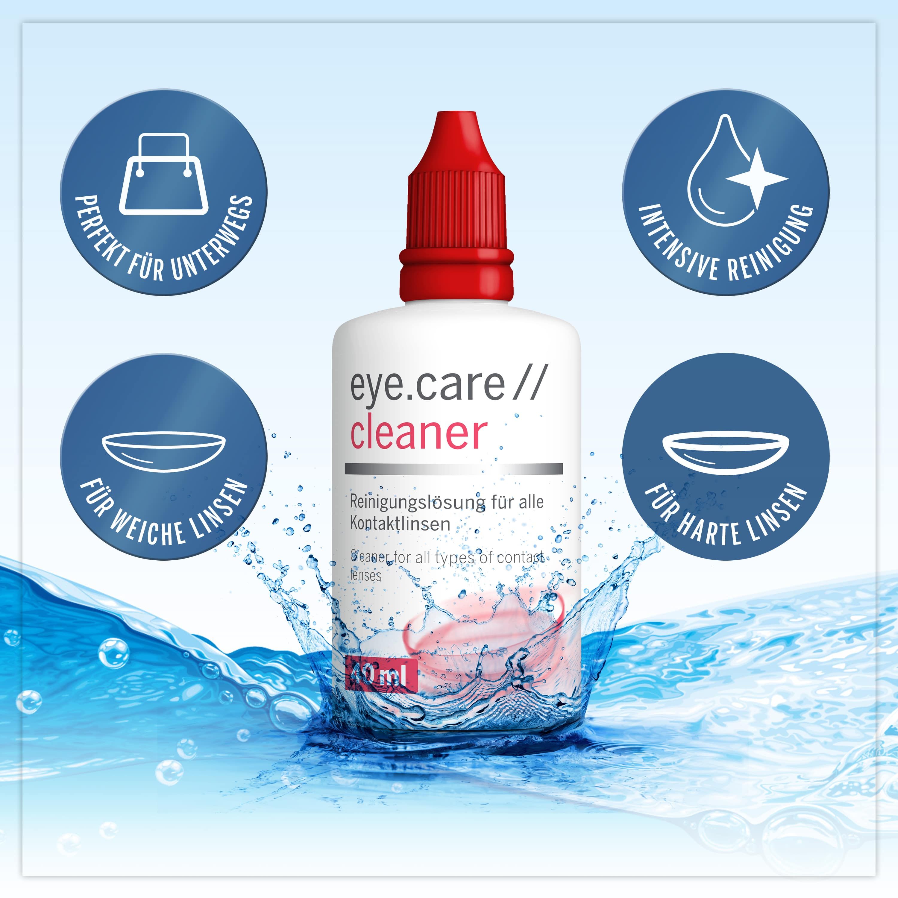 Flasche eye.care// cleaner Reinigungslösung für Kontaktlinsen, 40 ml, mit Icons für Reise, weiche und harte Linsen.