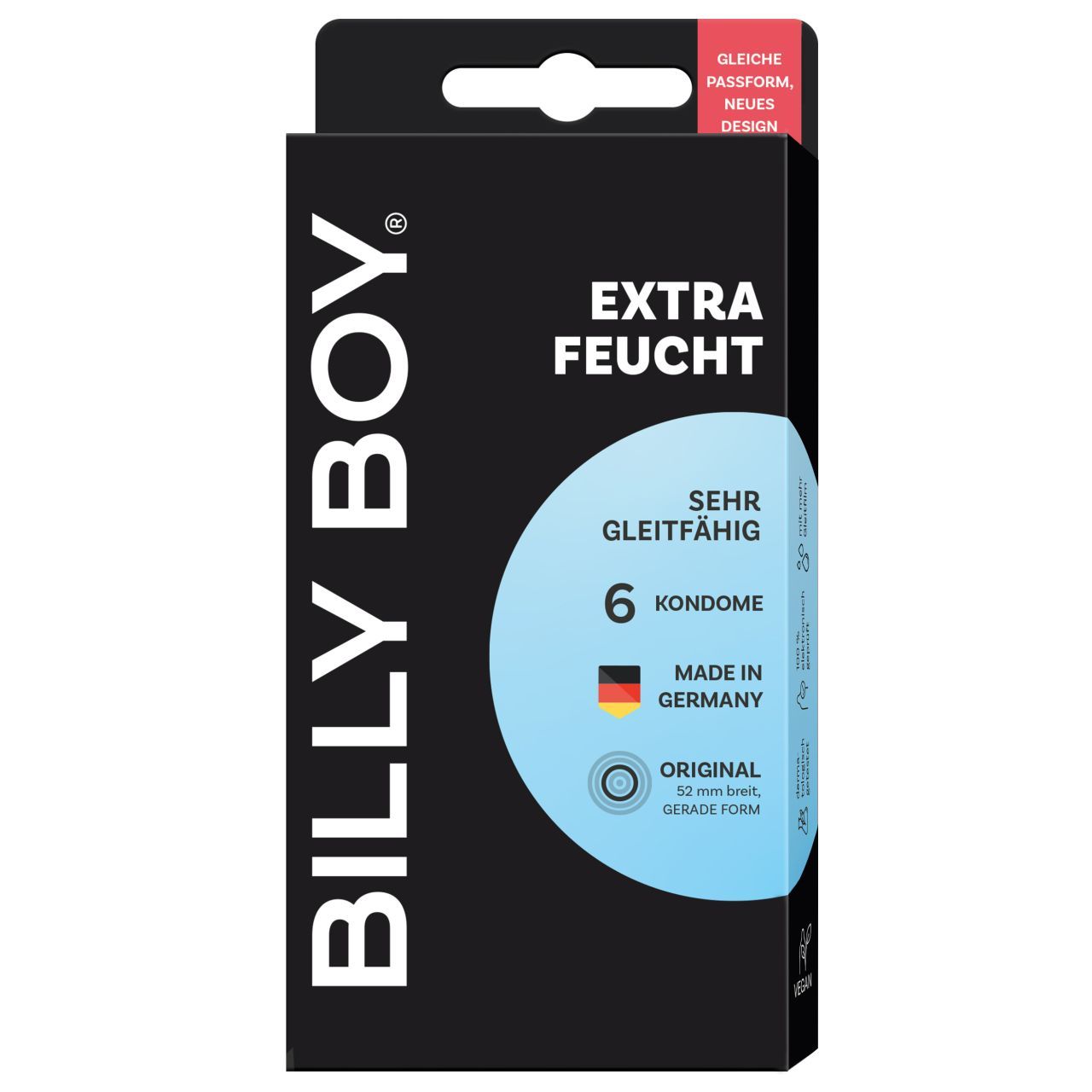 Packung BILLY BOY Extra Feucht Kondome, 6 Stück. Transparent, 52mm breit, gerade Form.