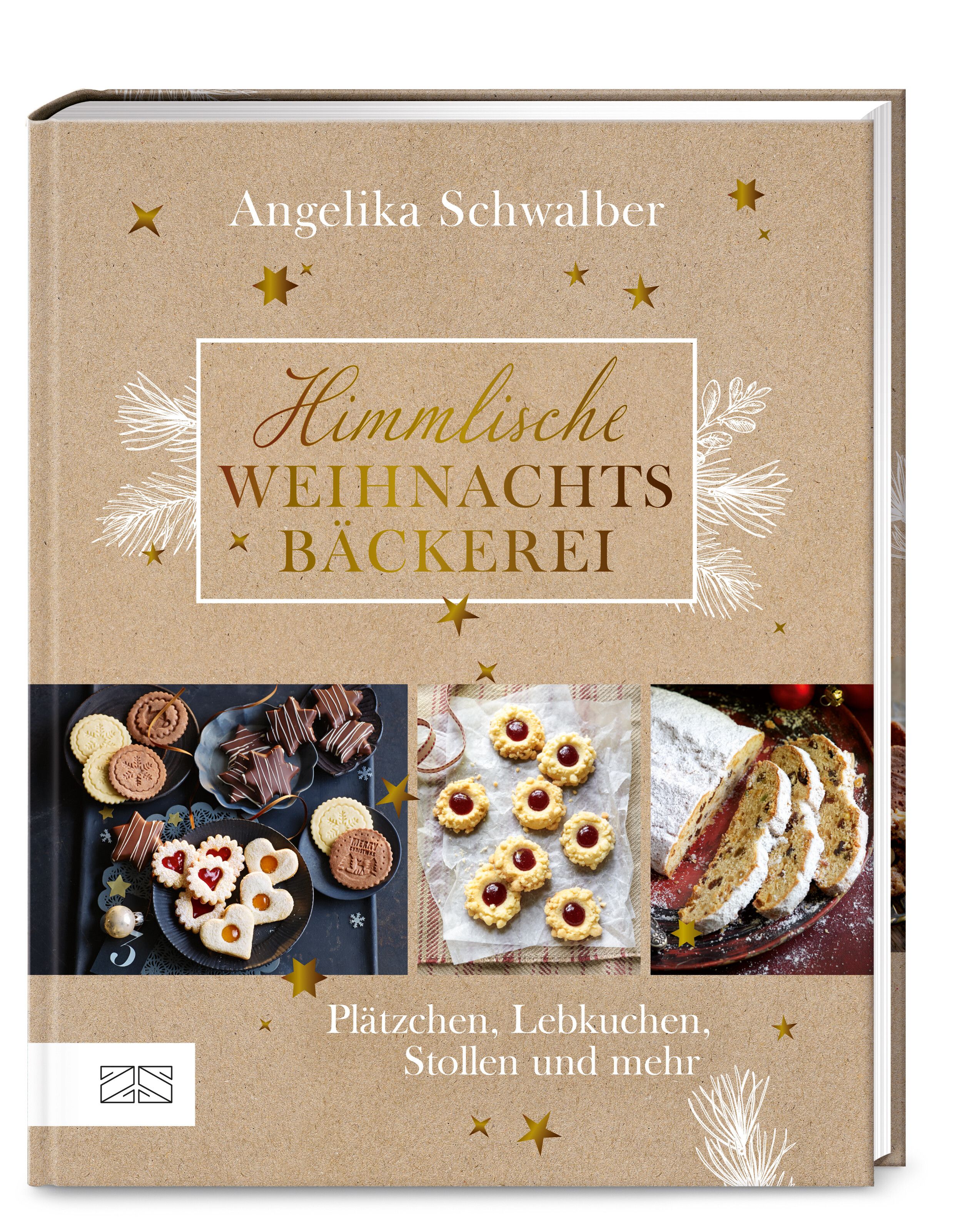 Buchcover mit Titel "Himmlische Weihnachtsbäckerei" von Angelika Schwalber. Abbildungen von Plätzchen und Stollen.