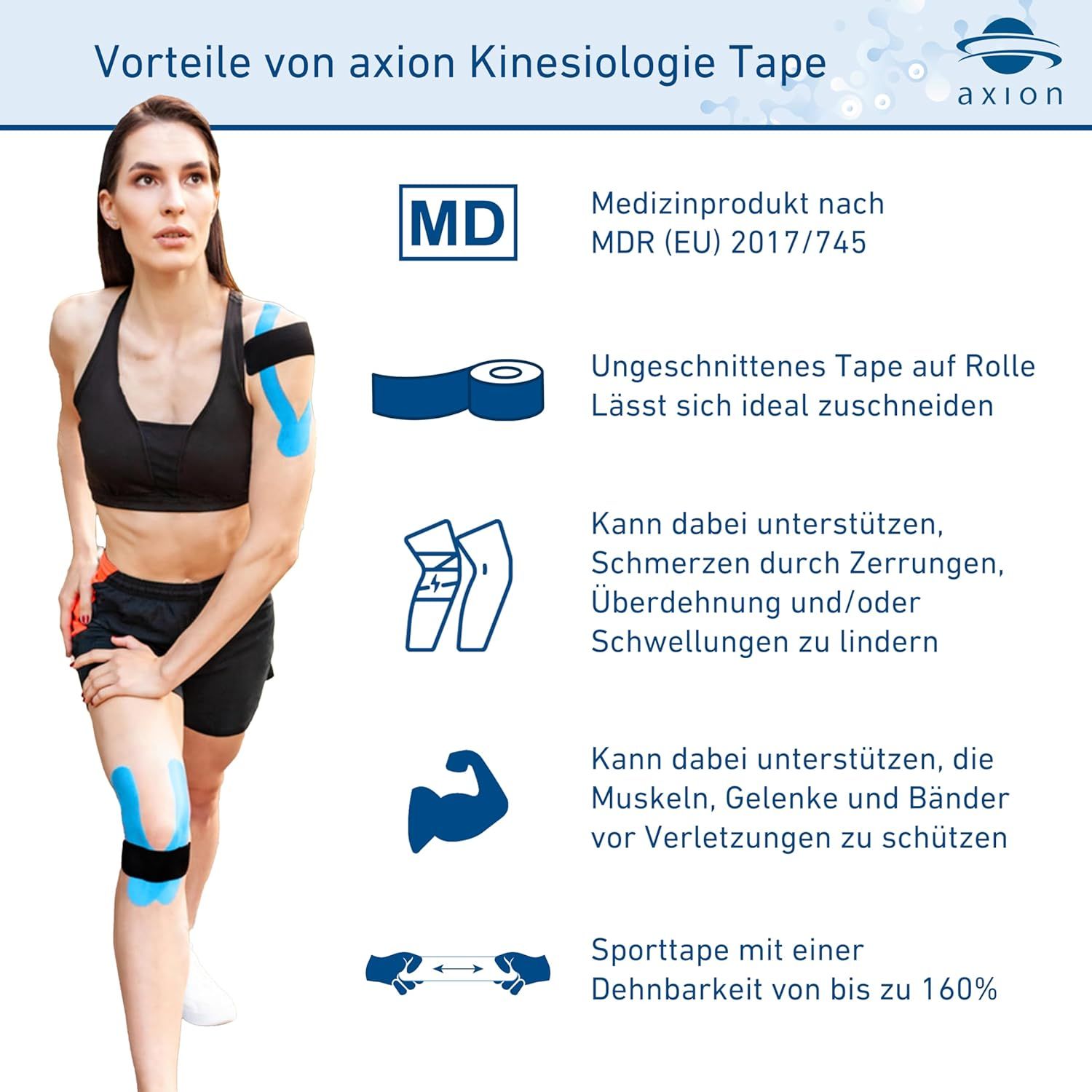 Vorteile von axion Kinesiologie Tape. Frau mit Tape am Bein. Text: Medizinprodukt, dehnbar bis 160%. Illustrationen.