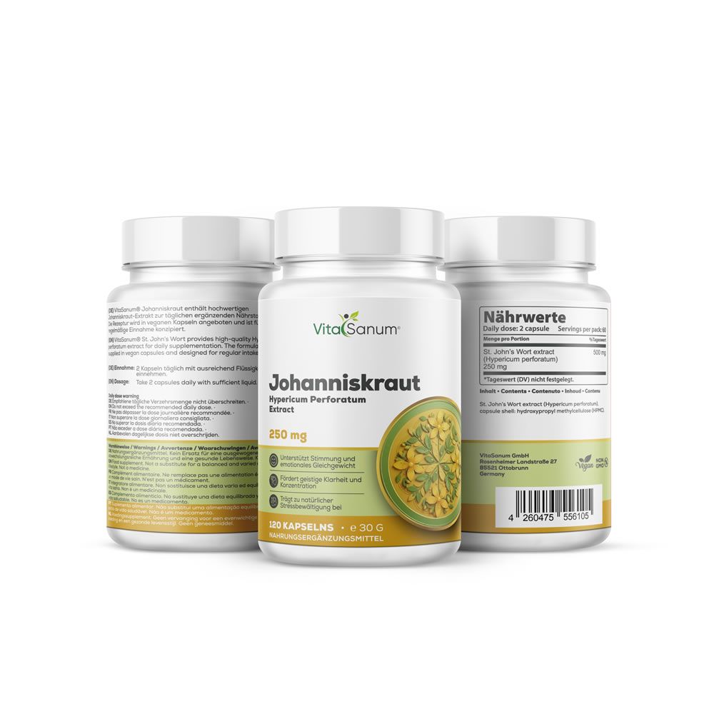 Drei weiße Flaschen VitaSanum® Johanniskraut. Etiketten mit Produktinformationen und 250mg Angabe. Kapseln, 30 g.