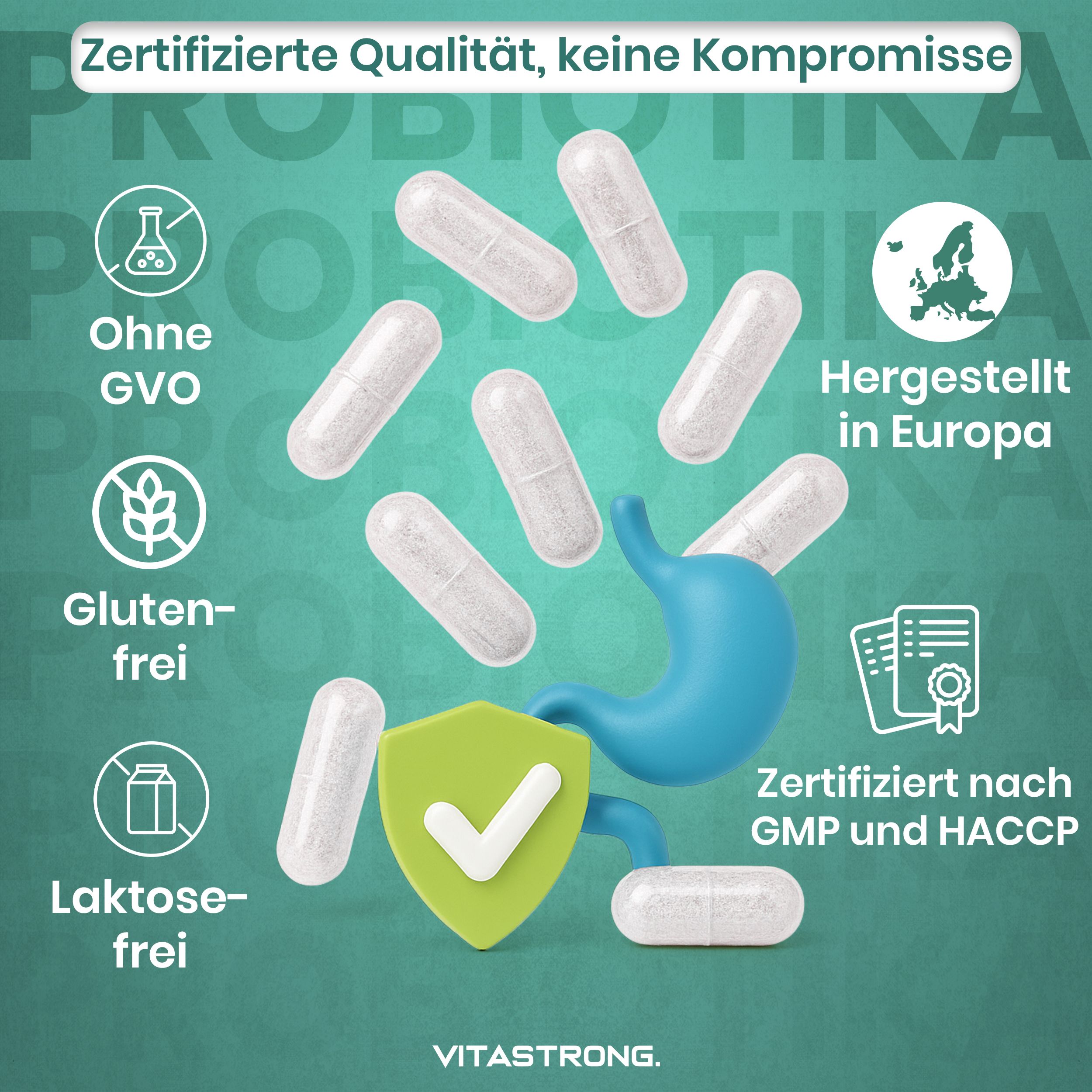 Kapseln, Icons und EU-Flagge. Text: Zertifizierte Qualität, keine Kompromisse. Ohne GVO, Glutenfrei, Laktosefrei.