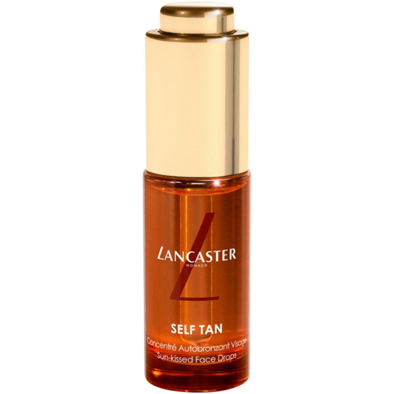 Braune Glasflasche mit goldfarbenem Deckel. Aufschrift: Lancaster, Self Tan, Sun-kissed Face Drops.