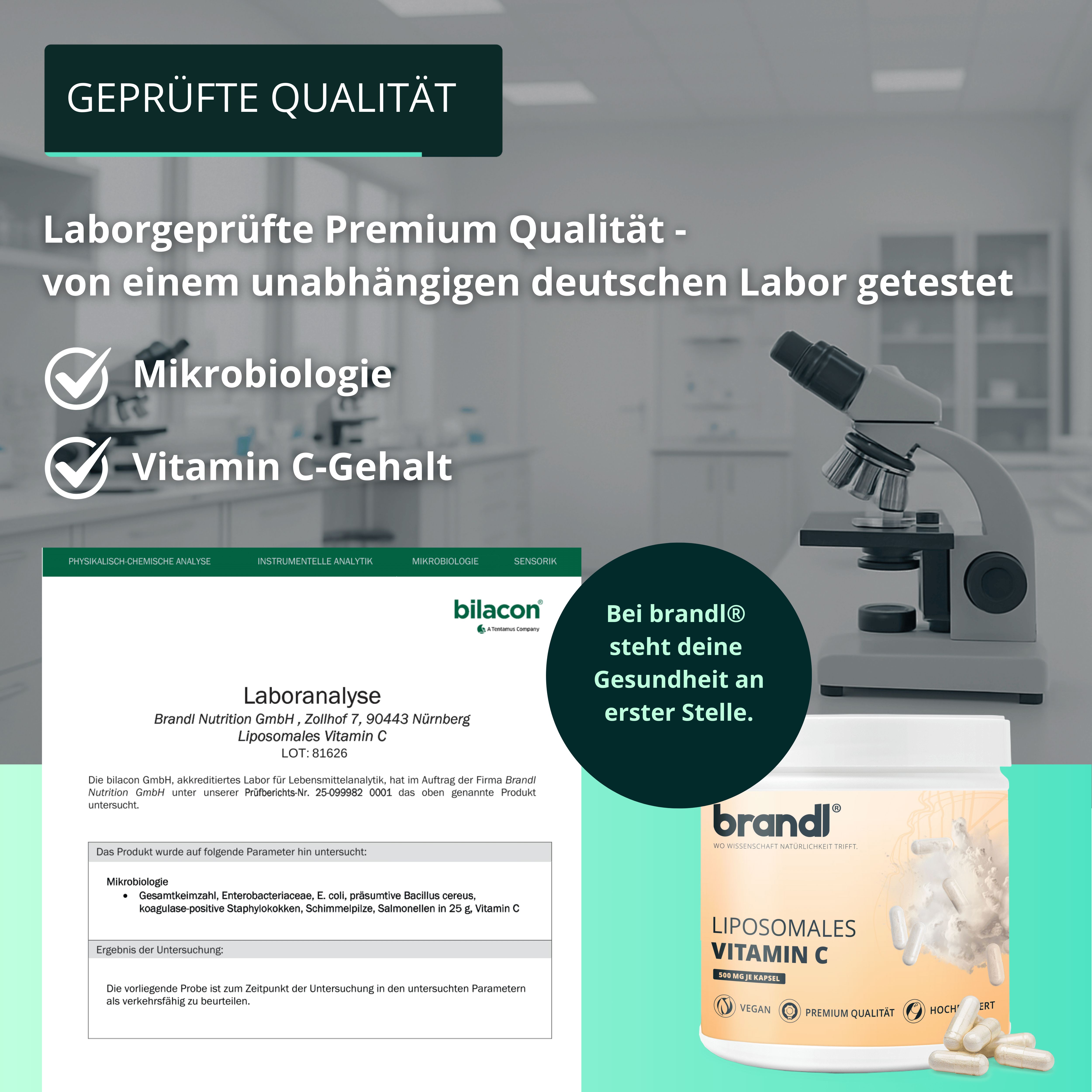 Mikroskop und Laboranalyse. Produktglas mit "LIPOSOMALES VITAMIN C". Text: Laborgeprüfte Premium Qualität.