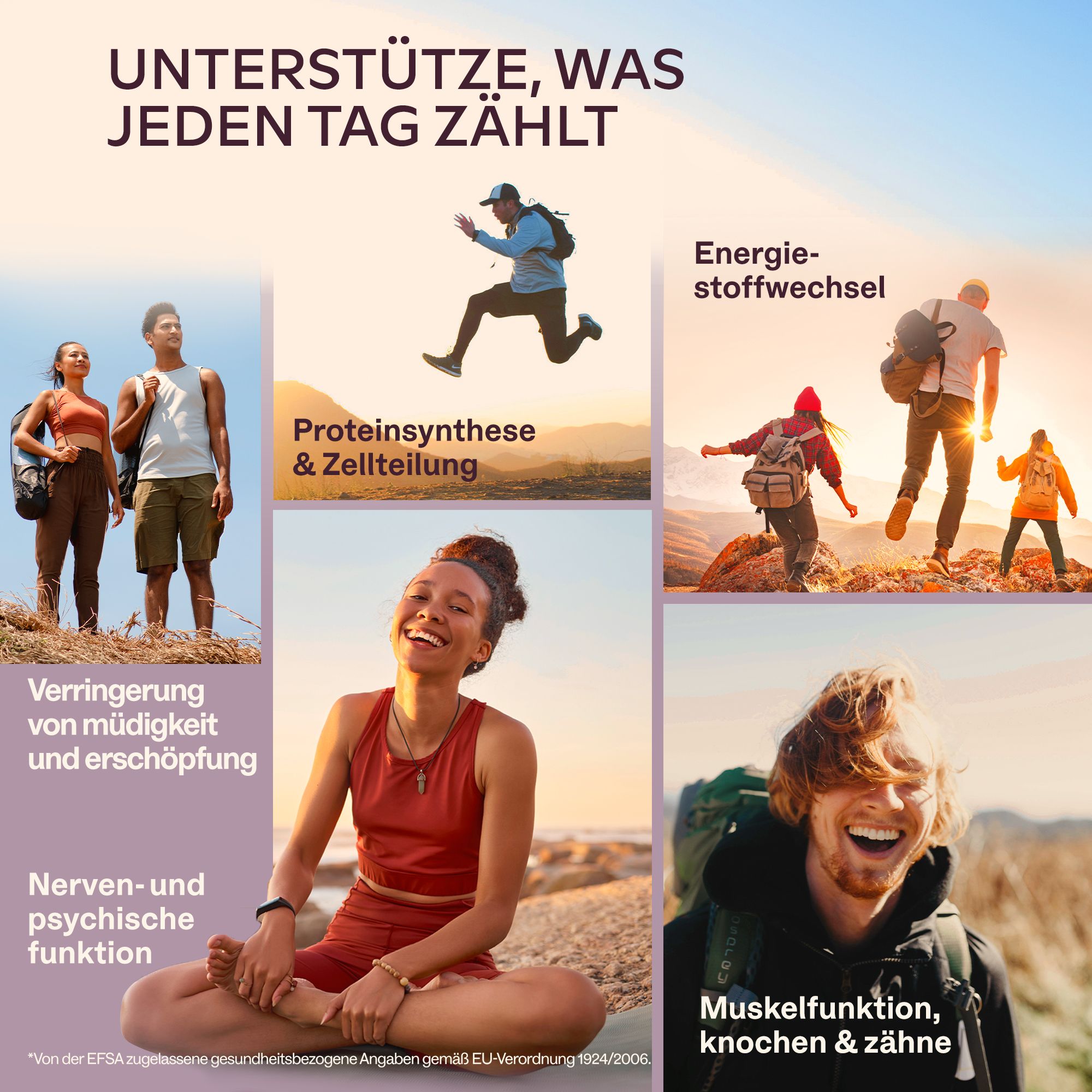 Menschen in verschiedenen Situationen. Aufschrift: Energie, Proteinsynthese, Muskeln, Nerven.