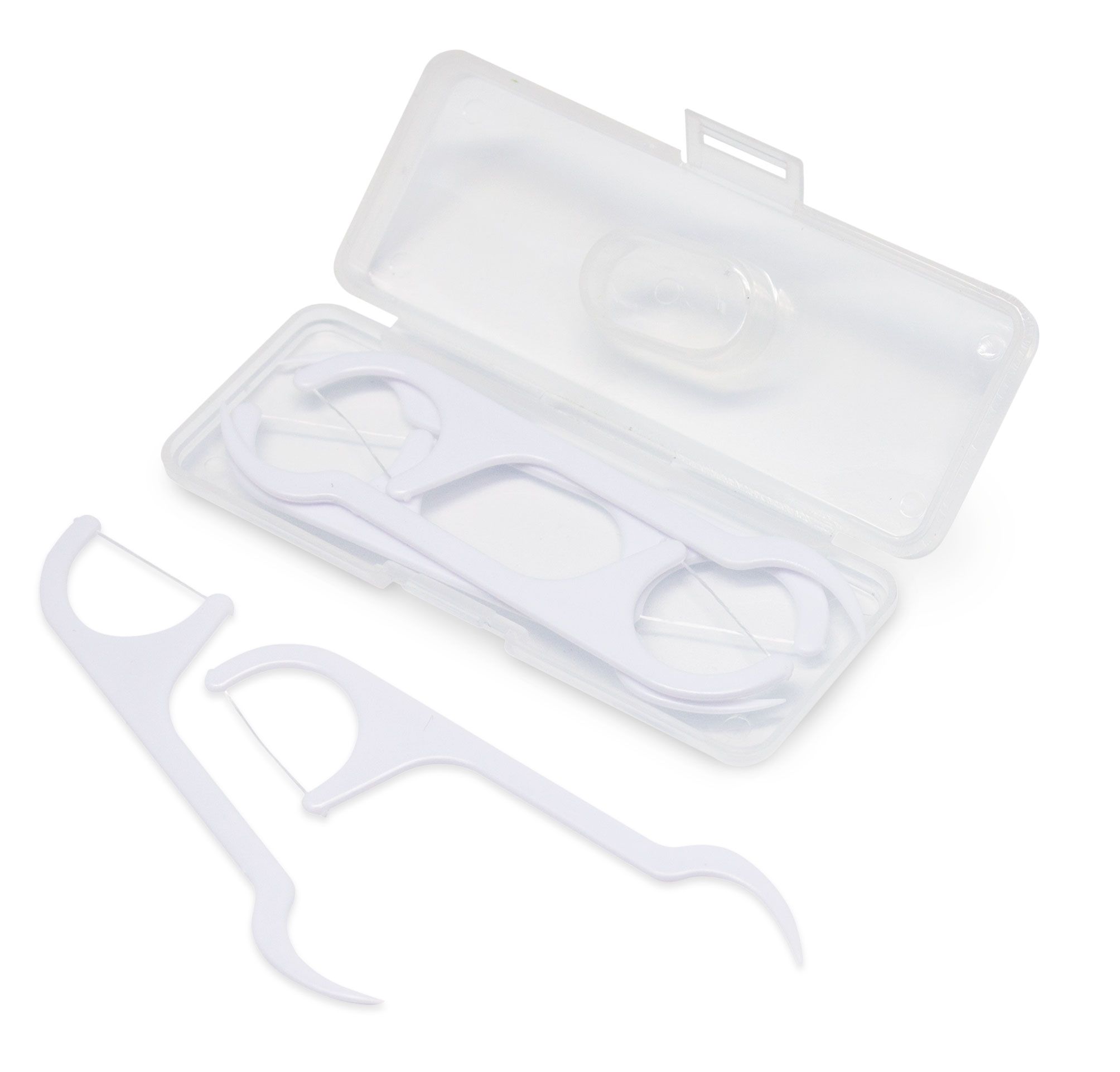 Zahnseide-Halter in einer transparenten Box. Mehrere weiße Halter mit Zahnseide, zwei außerhalb der Box.