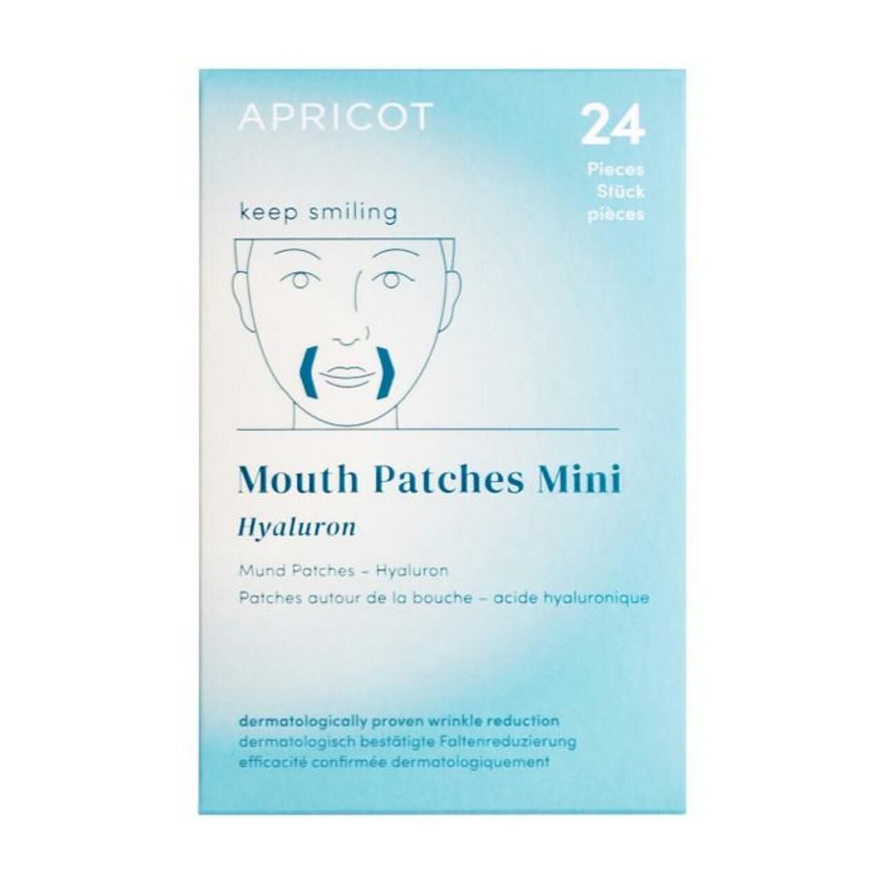 Hellblaue Verpackung mit Produktnamen und Abbildung. Enthält 24 Mund-Patches. Text: "APRICOT", "Mouth Patches Mini Hyaluron".