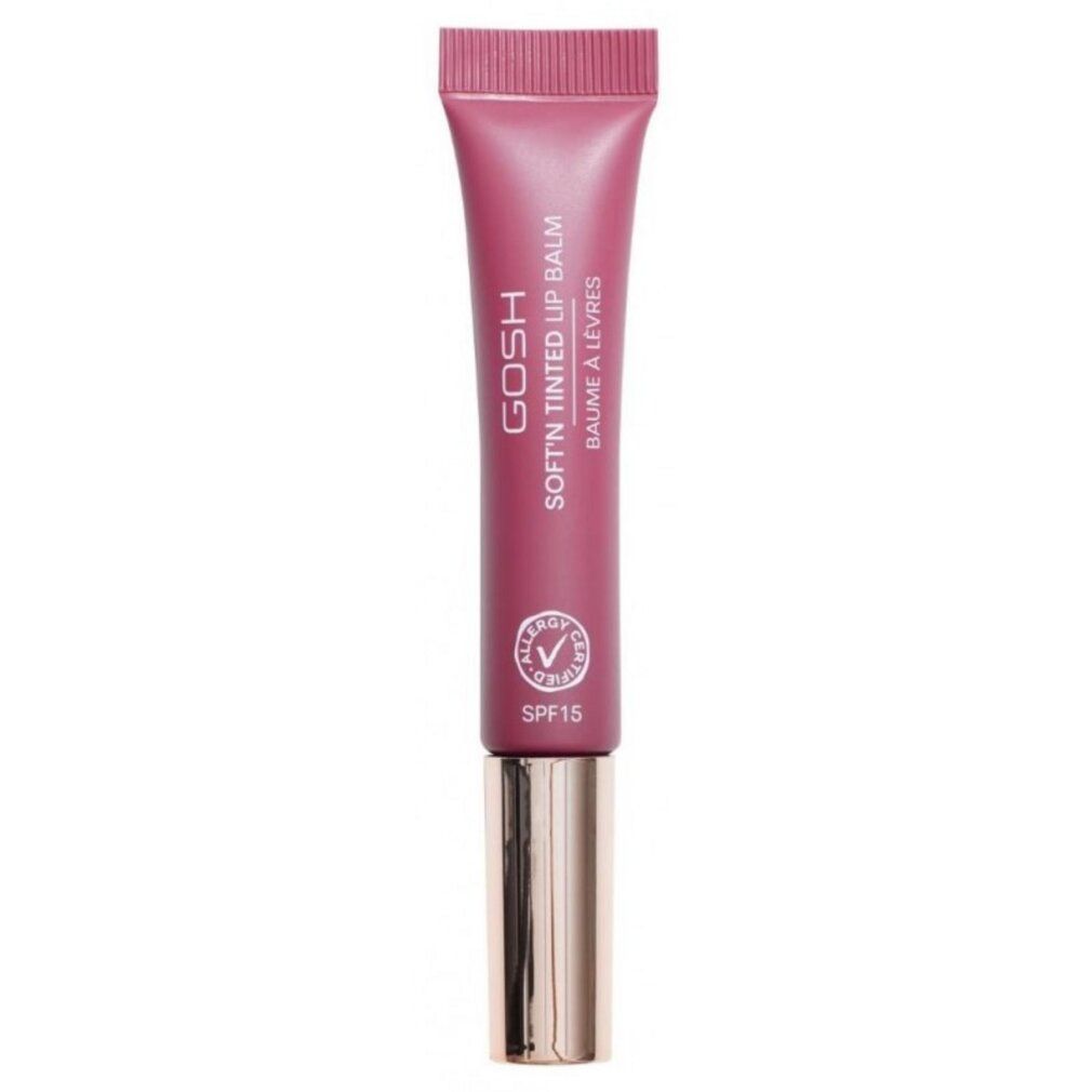 Rosa Lippenbalsam-Tube. Aufschrift: GOSH Soft'n Tinted Lip Balm, Baume a Levres. Mit SPF15 und Allergie-Zertifizierung.