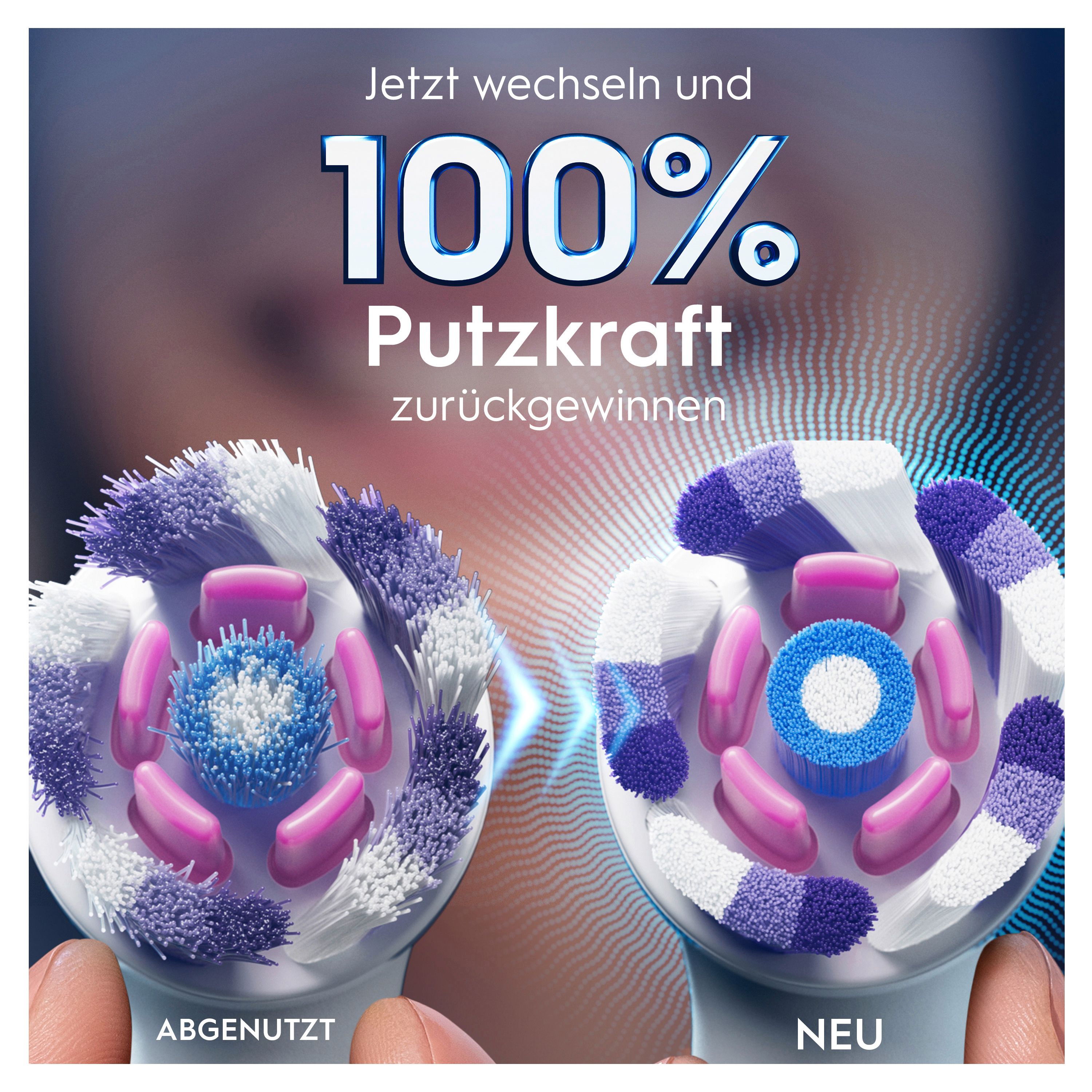 Vergleich von abgenutzten und neuen Zahnbürstenköpfen. Text: Jetzt wechseln und 100% Putzkraft zurückgewinnen.