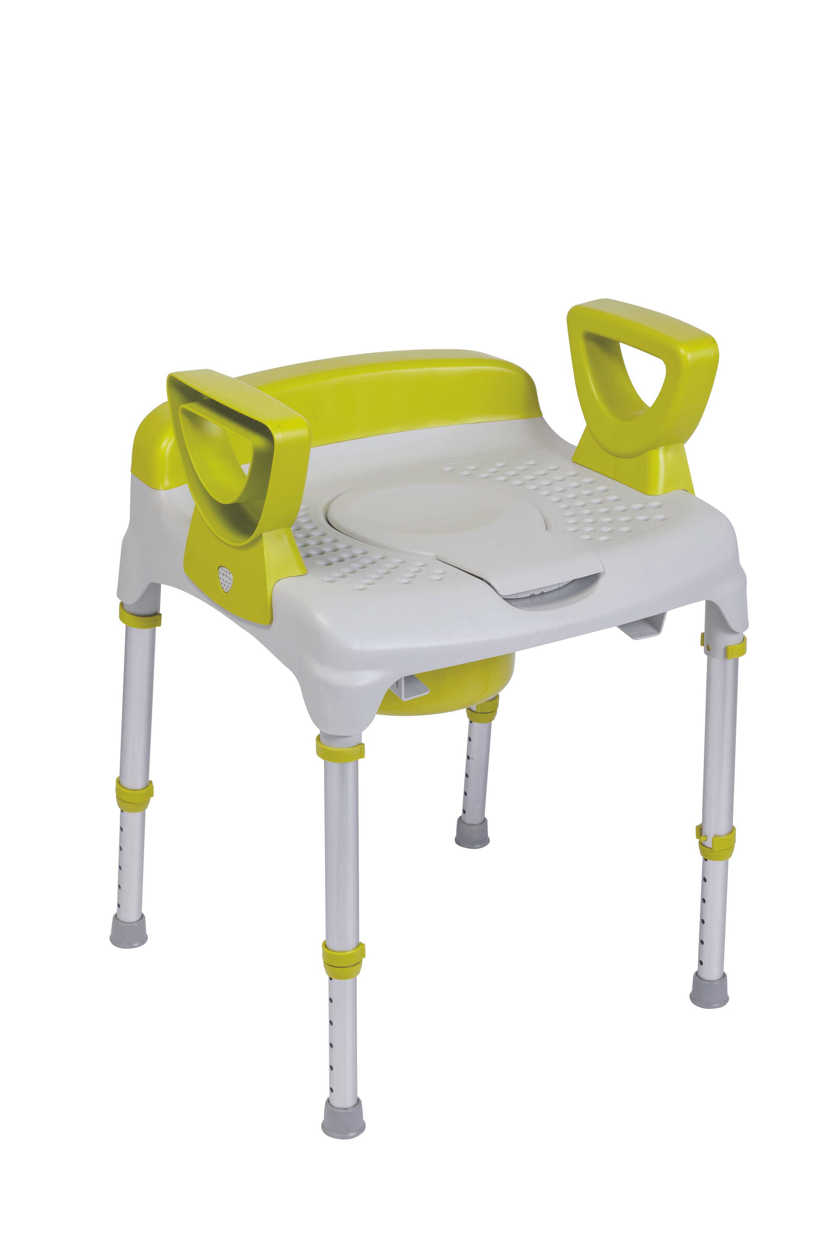 Dusch- und Toilettenstuhl mit gelben Armlehnen und Sitz. Höhenverstellbare Beine. Seitenansicht.