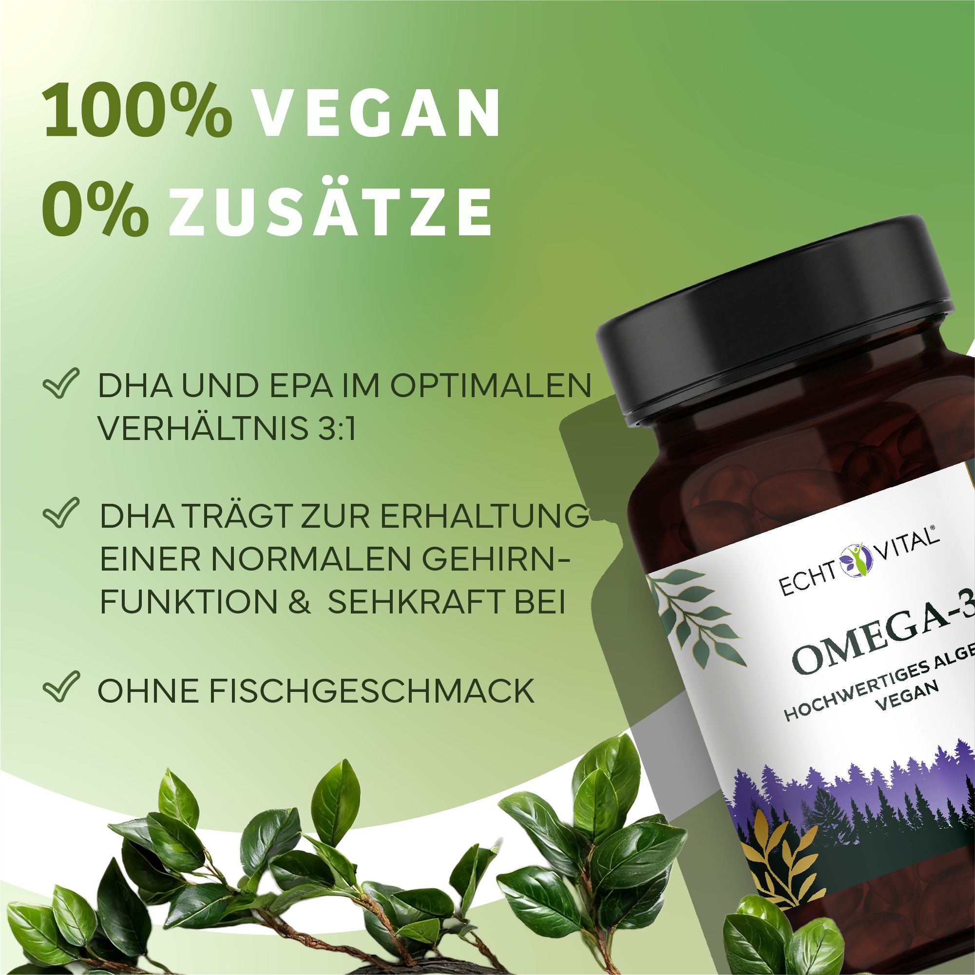 Braune Flasche mit schwarzem Deckel. Aufschrift: Echt Vital Omega-3 vegan. Grün und weiße Schrift. Blätter im Hintergrund.
