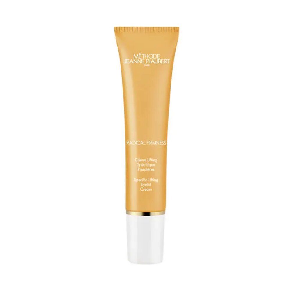 Gelbe Tube mit weißem Deckel. Aufschrift: METHODE JEANNE PIAUBERT PARIS, RADICAL FIRMNESS, Specific Lifting Eyelid Cream.