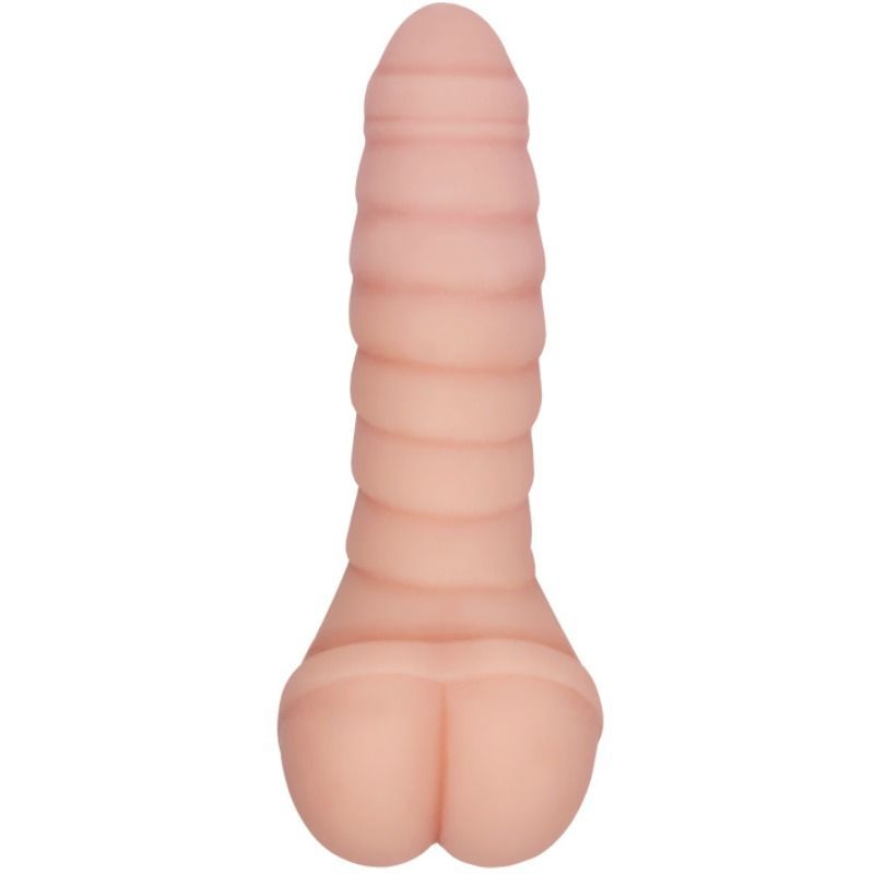 Fleischfarbener Masturbator mit geriffelter Oberfläche. Zylindrische Form mit abgerundeter Basis.